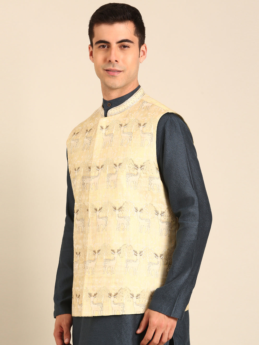 Green-Gold Silk Jacquard Nehru Jacket