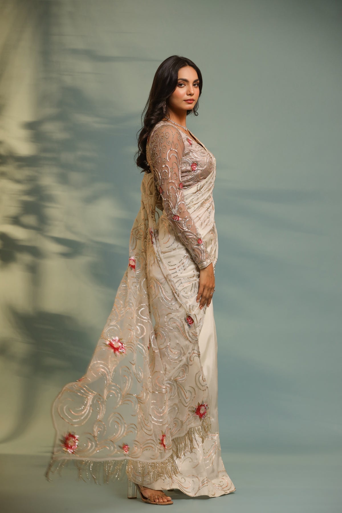 Image of Haseena ivor-grey swirl jaal saree set