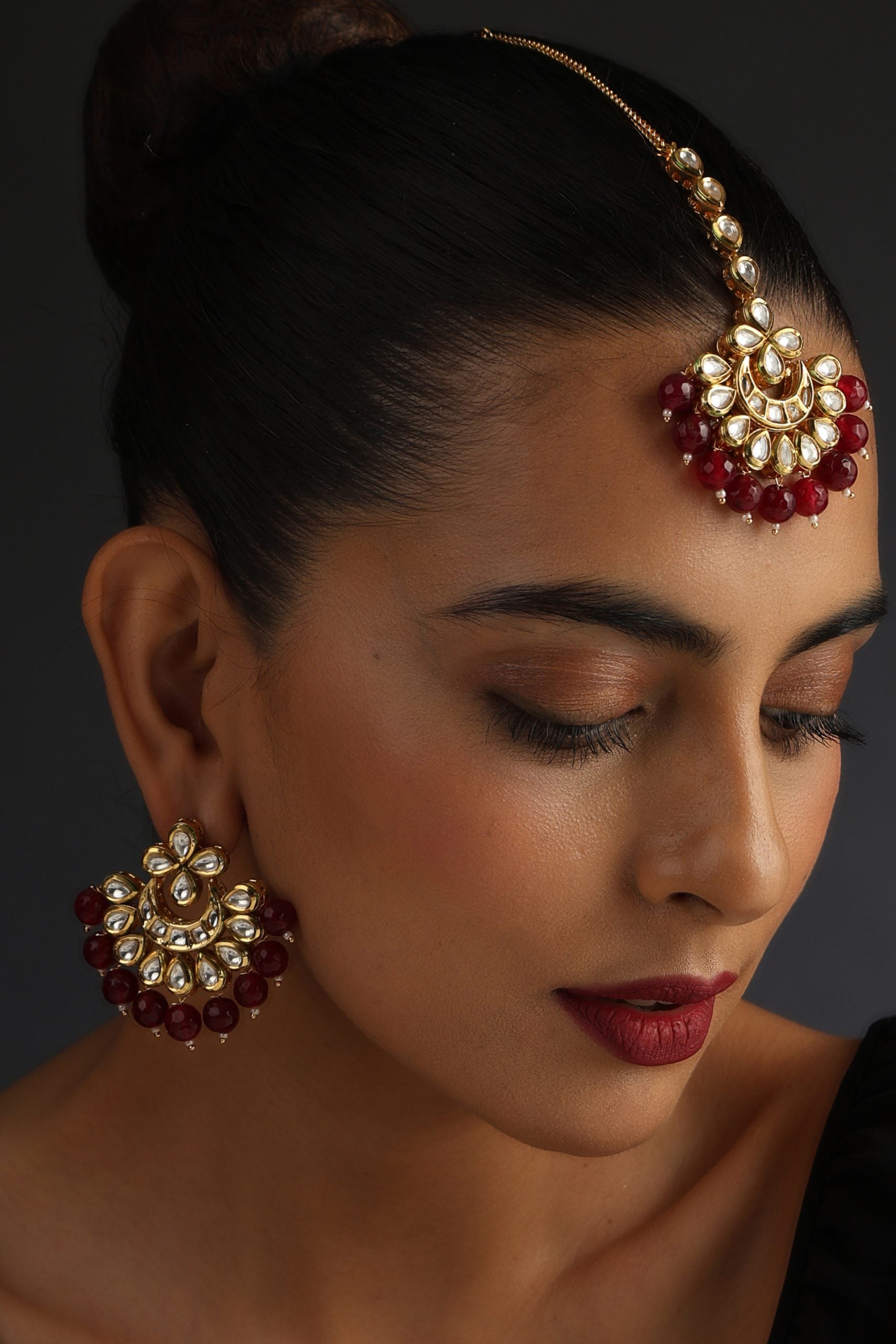 Red Gold Tone Kundan Chandbali Earrings and Tikka