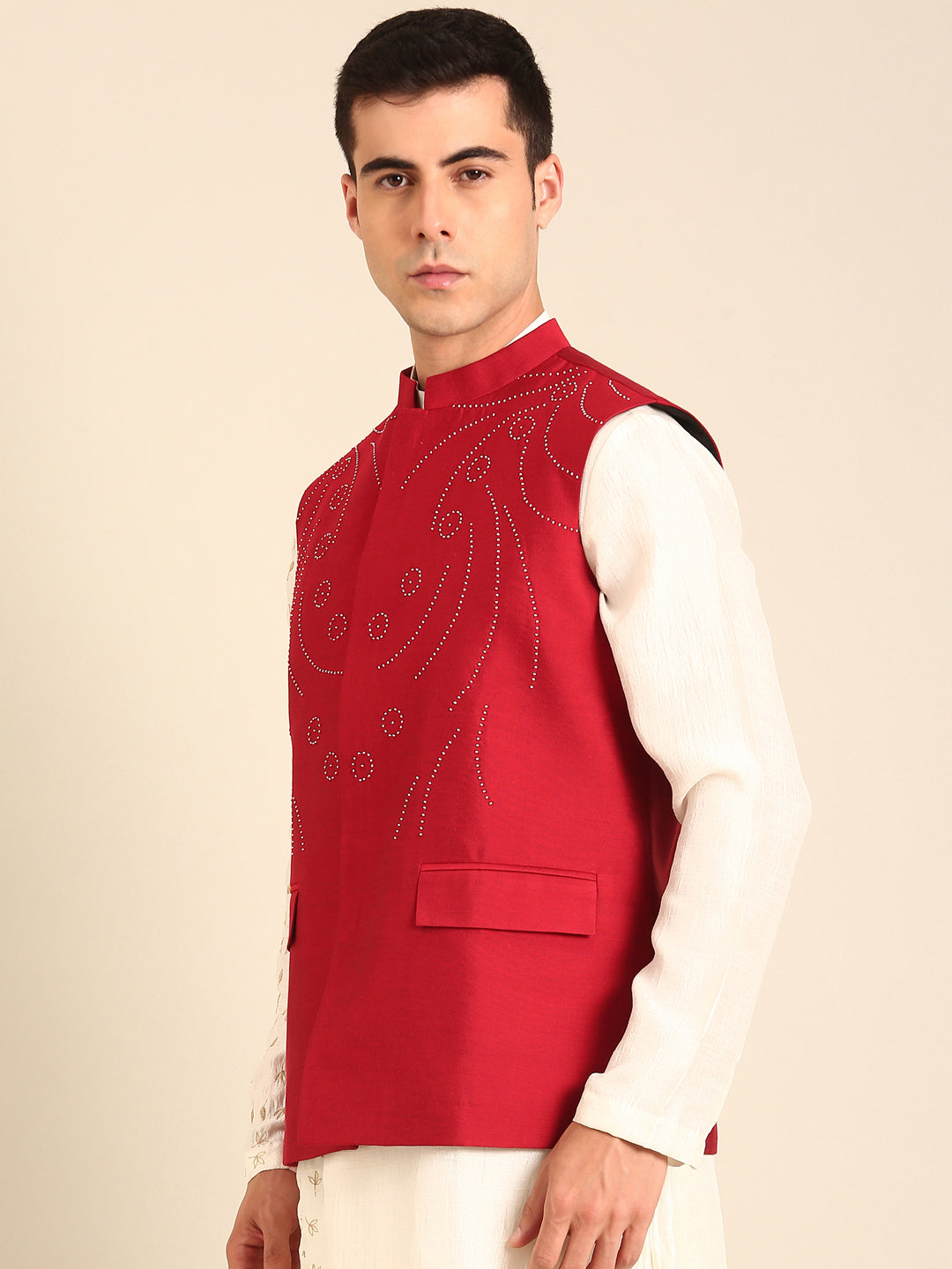 Red Silk Cotton Nehru Jacket