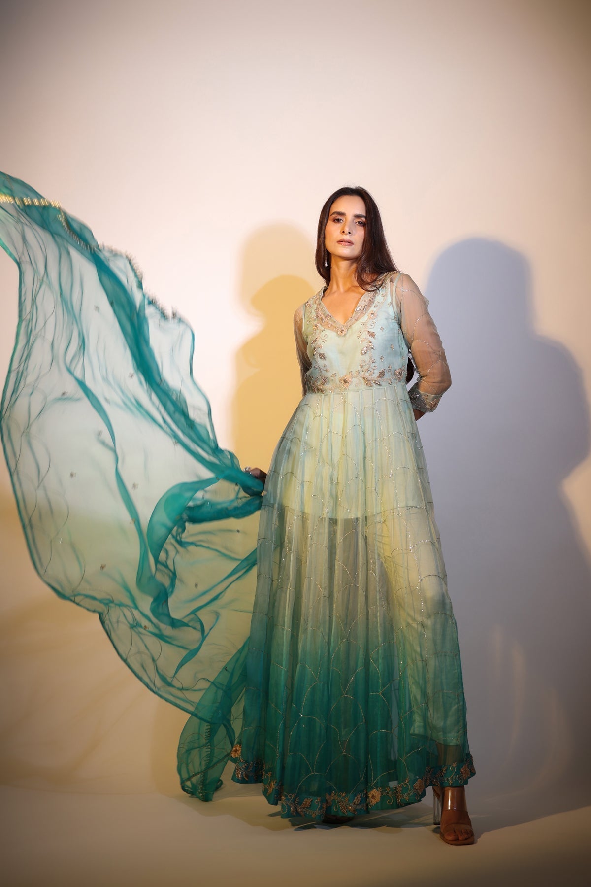 Image of Haseena aqua green ombre organza anarkali set