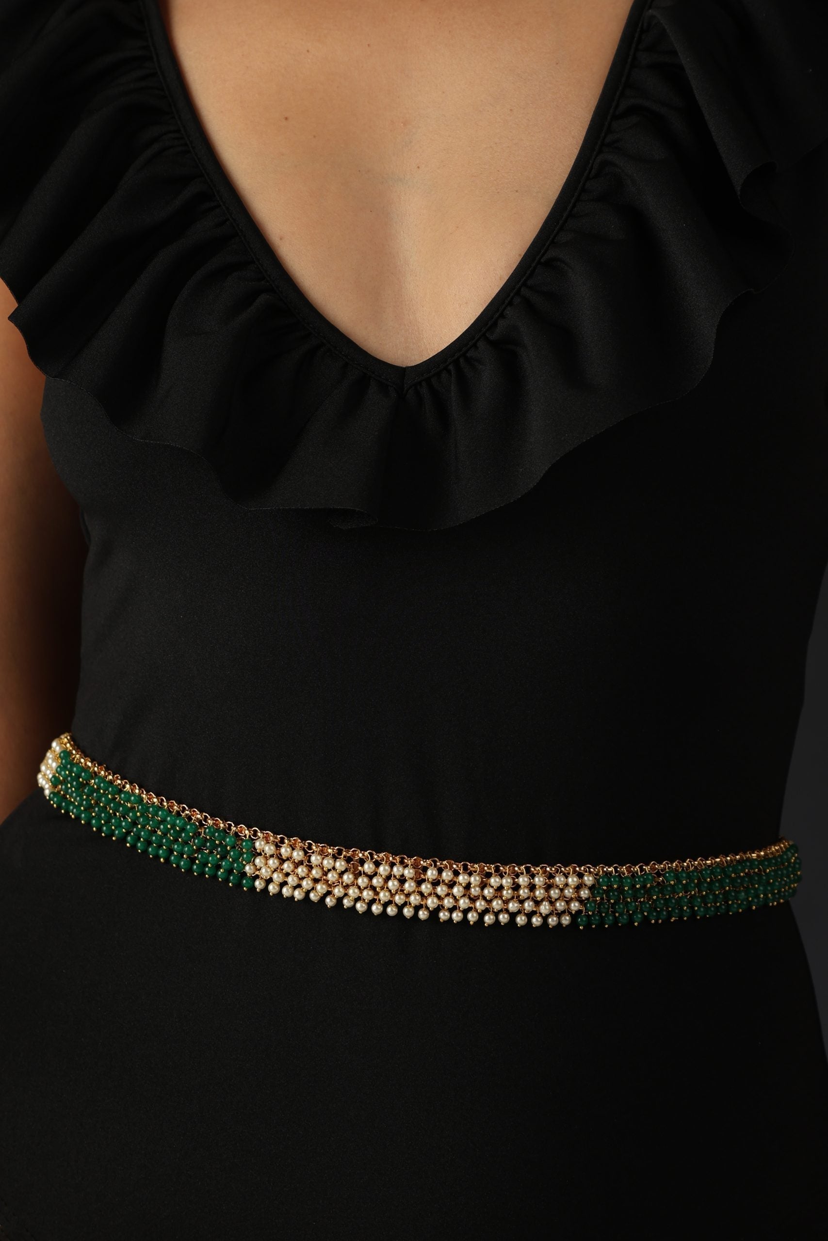 Green and White Gold Tone Waist Belt