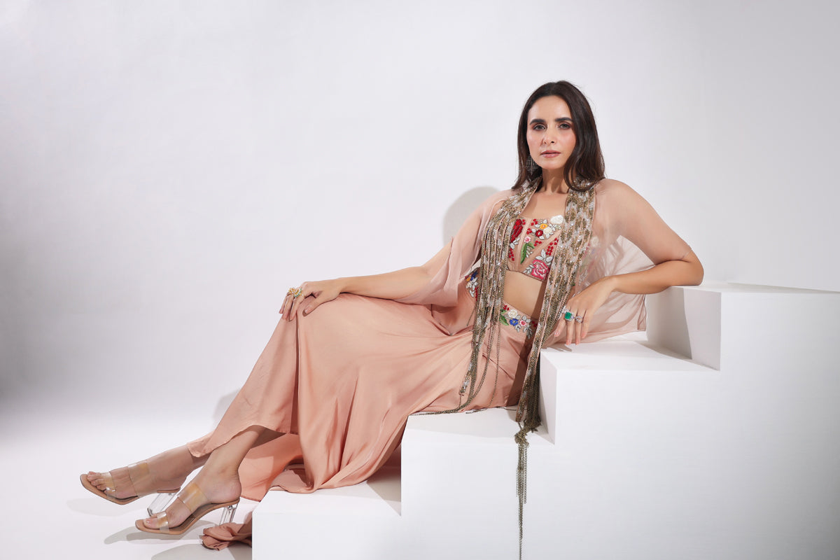 Image of Haseena caramel brown drape skirt set