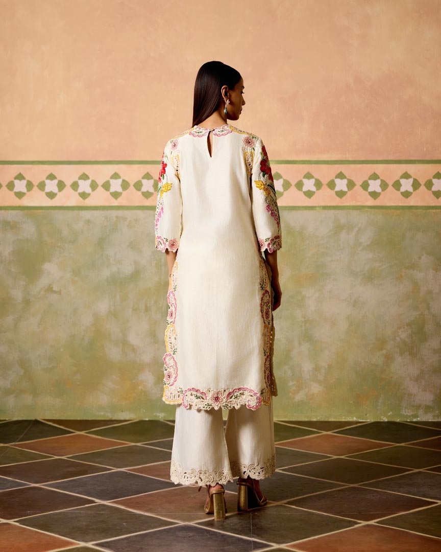 IVORY FLORAL THREADWORK AND CUTWORK KURTA