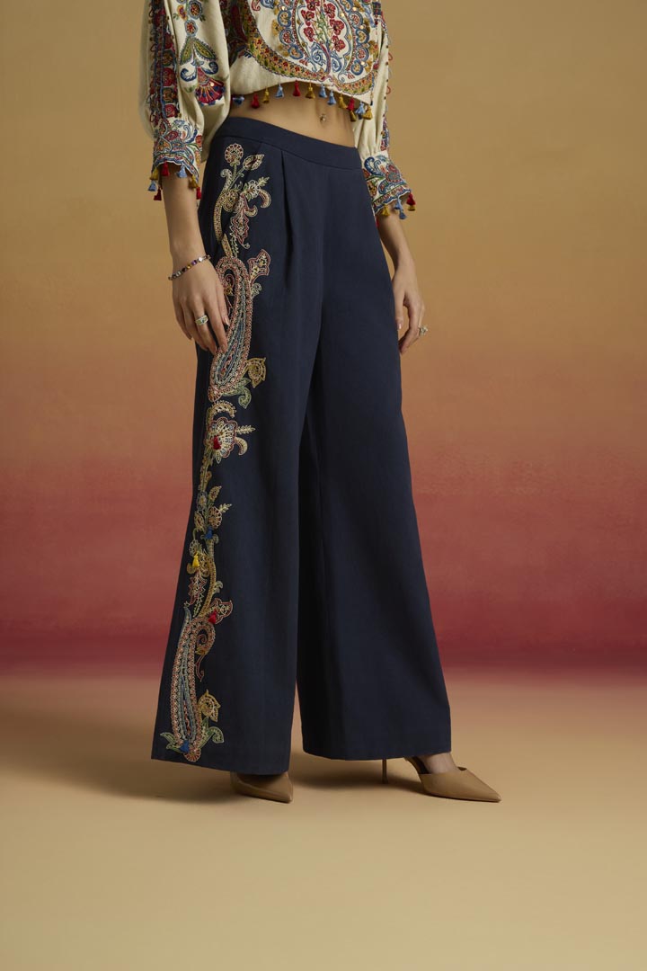 Indigo Paisley Contrast Cordwork Cotton Twill Flared Pants