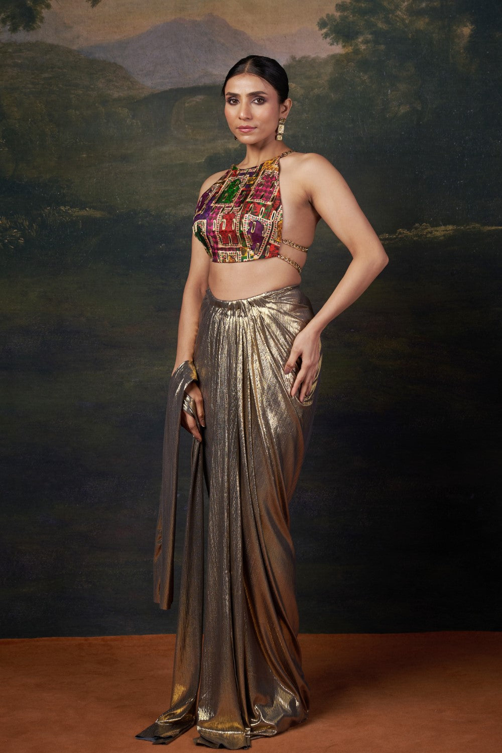 Backless Halter Neck Hand-Embroidered Blouse with Draped Dhoti
