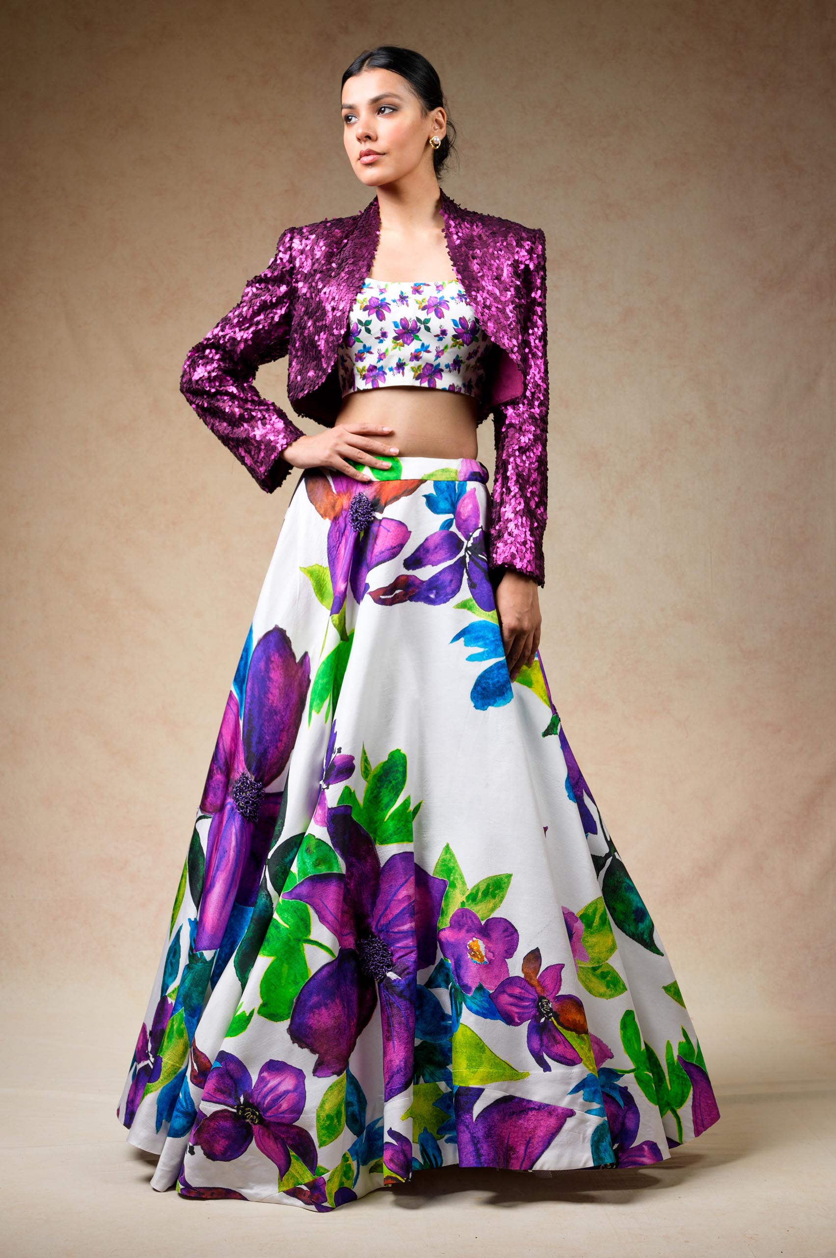 Hand embroidered silk lehenga with jacket, blouse