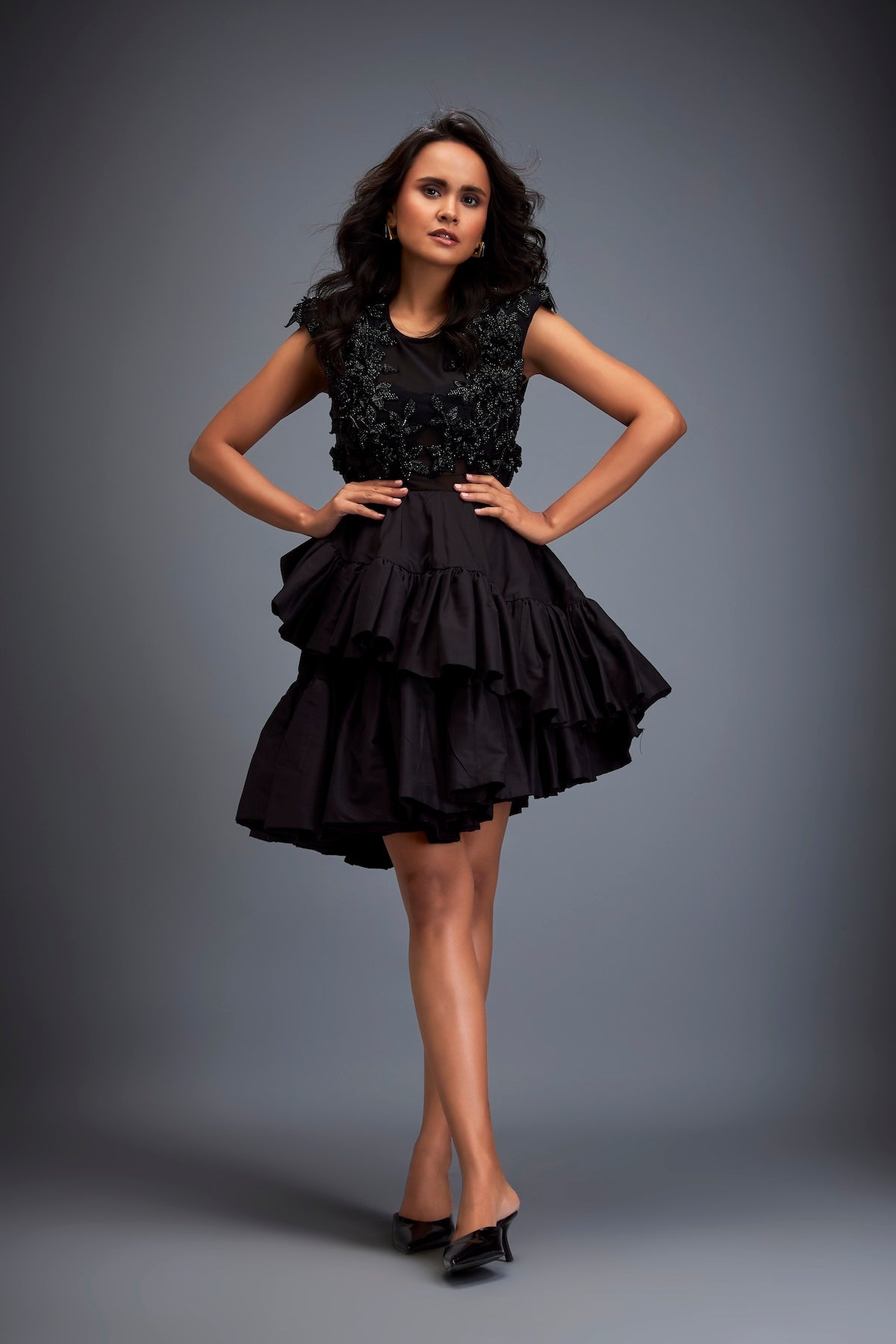 Sheer Floral Swarovski Top With Ruffle Mini Skirt