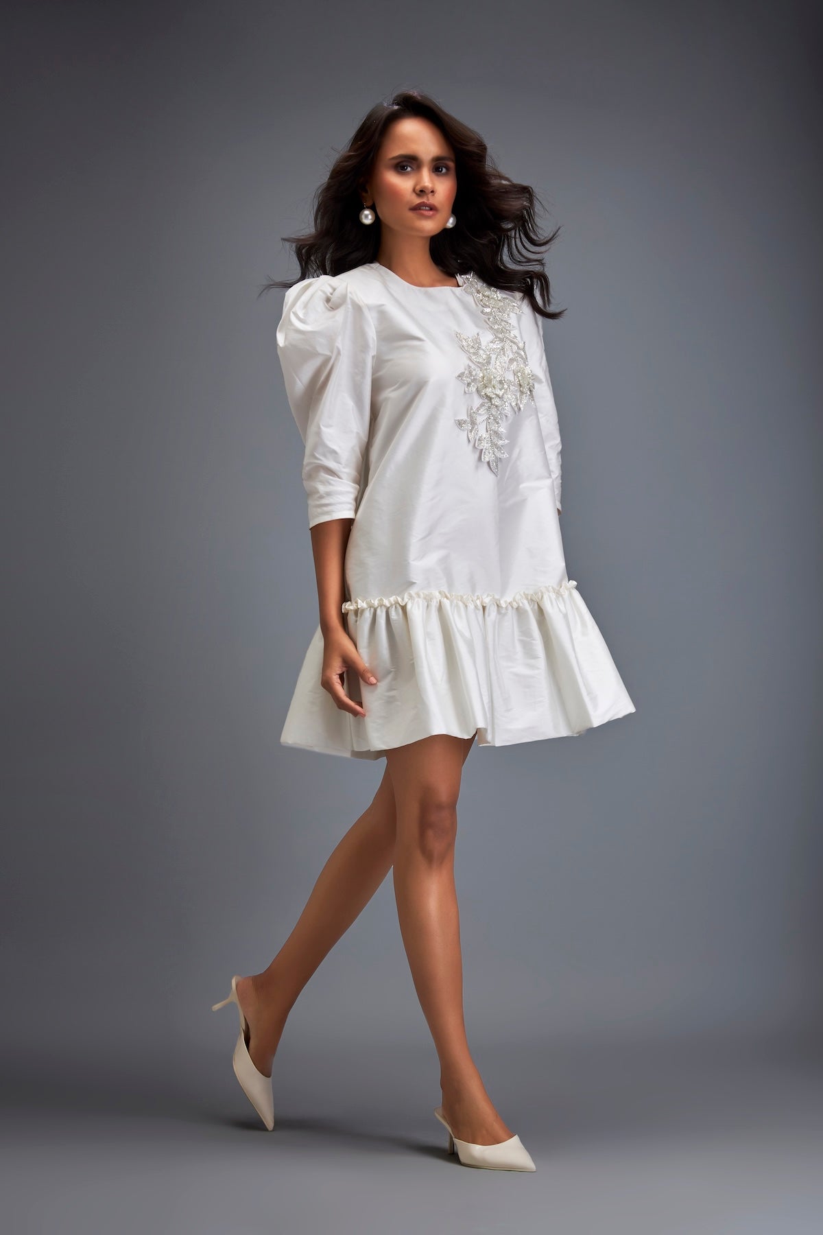 Puff-sleeve Dress With Swarovski Floral Appliqué