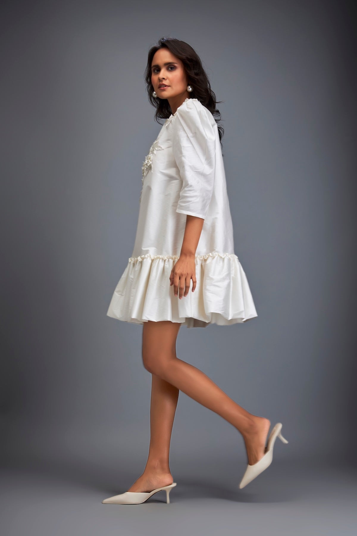 Puff-sleeve Dress With Swarovski Floral Appliqué