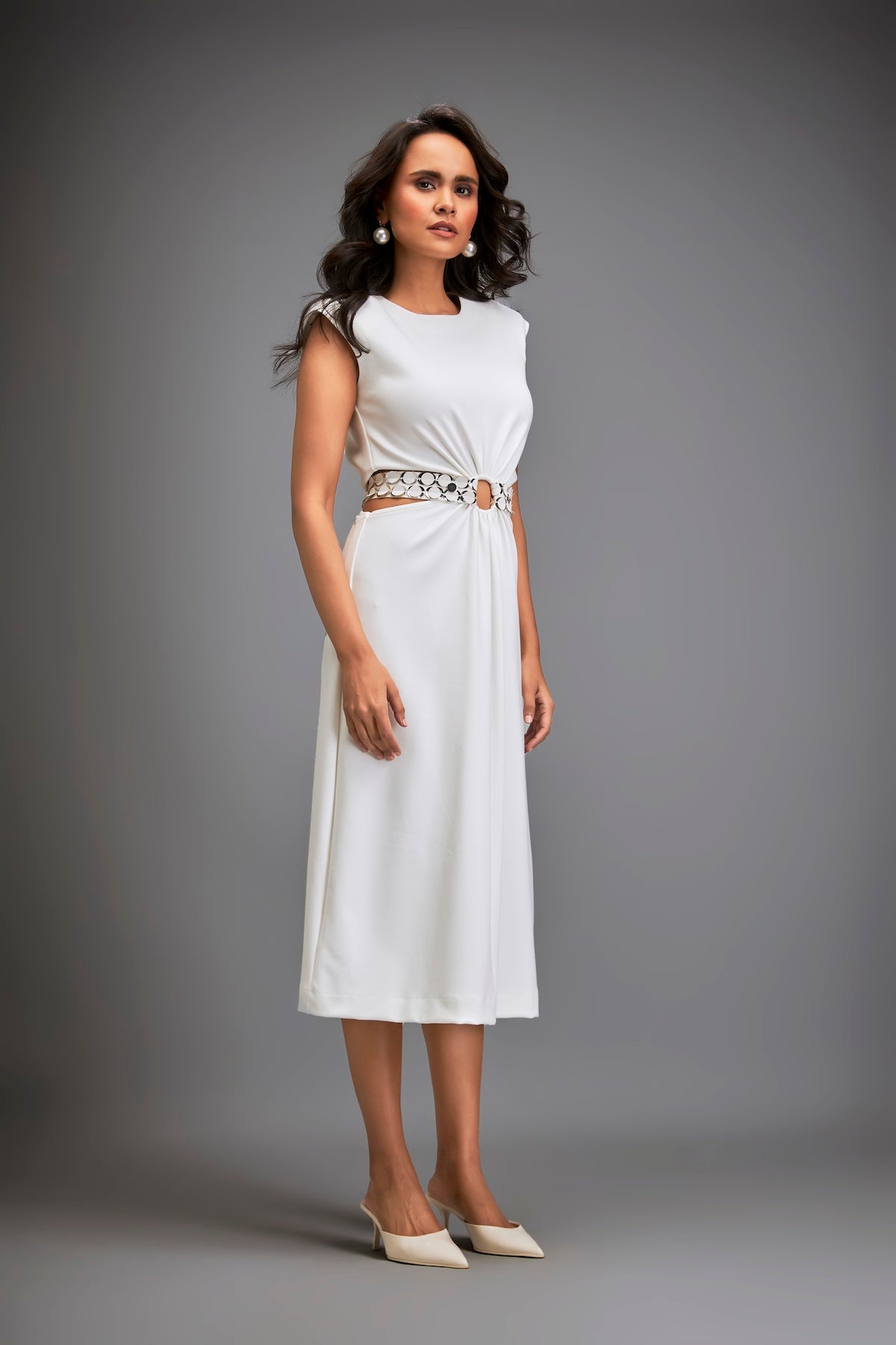 Sleek Waist Cut Out Dress Metallic Silver Belt