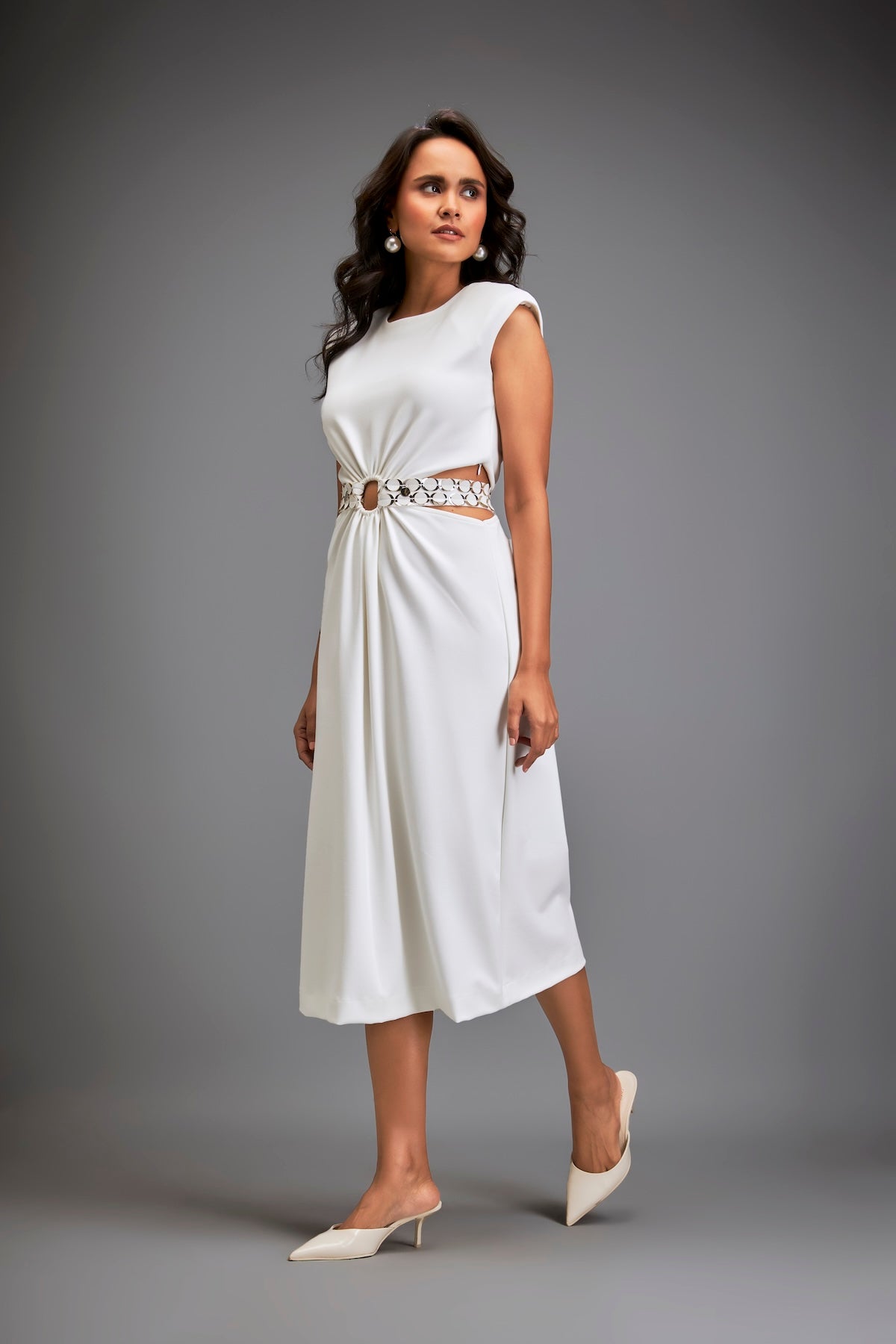 Sleek Waist Cut Out Dress Metallic Silver Belt