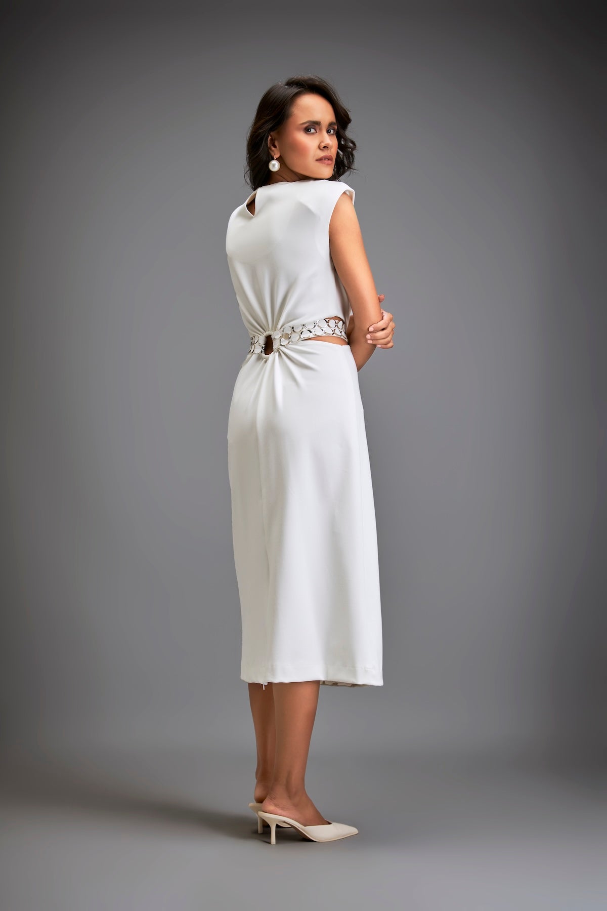 Sleek Waist Cut Out Dress Metallic Silver Belt