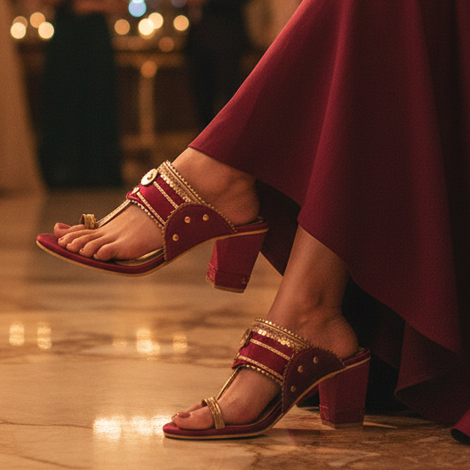 Maroon Satin block heels
