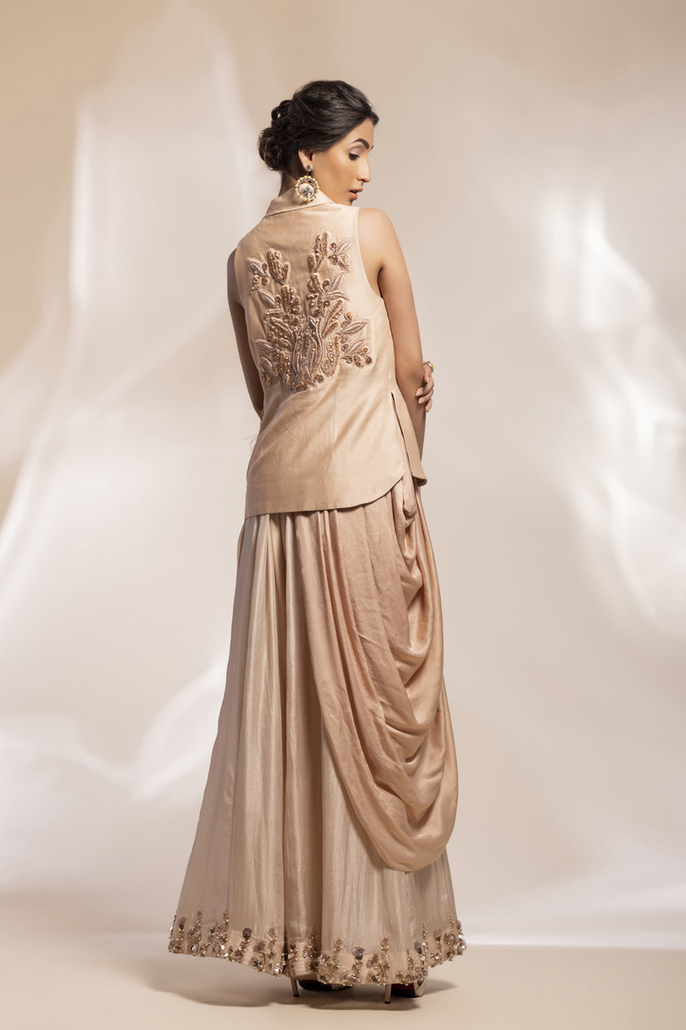 Chiffon Silk Floral Jacket With Feather Accents And Chiffon Sharara - Auraya Fashion 