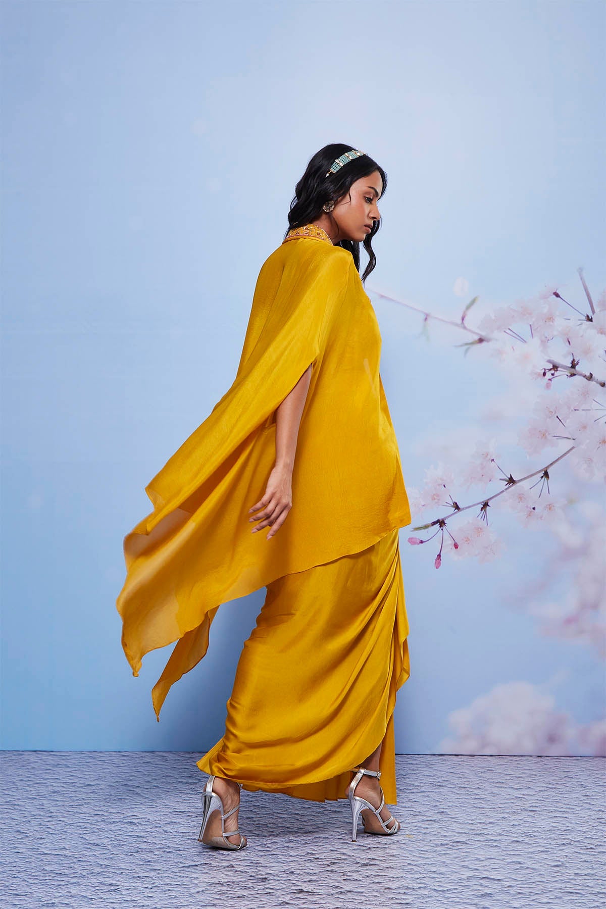 Zarin Mustard Embroidered Cape Set with Pick-Up Skirt & Bustier