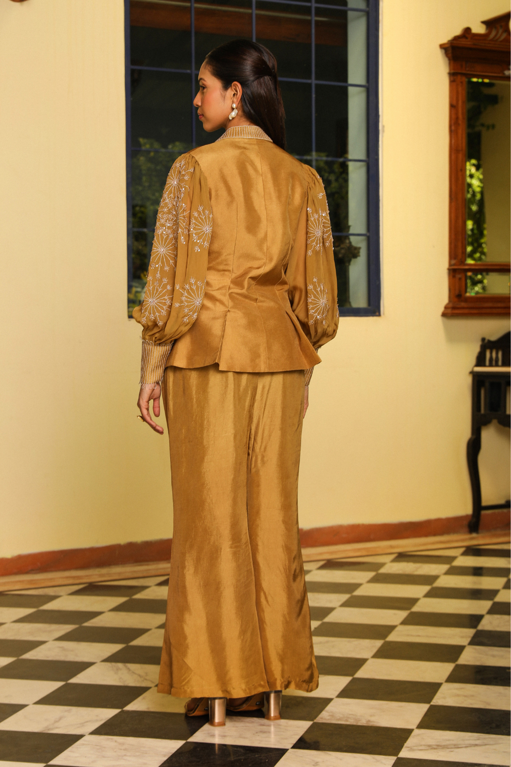 Pia Co-ord Set - Honey Gold Embellished Organza Jacket with Pants
