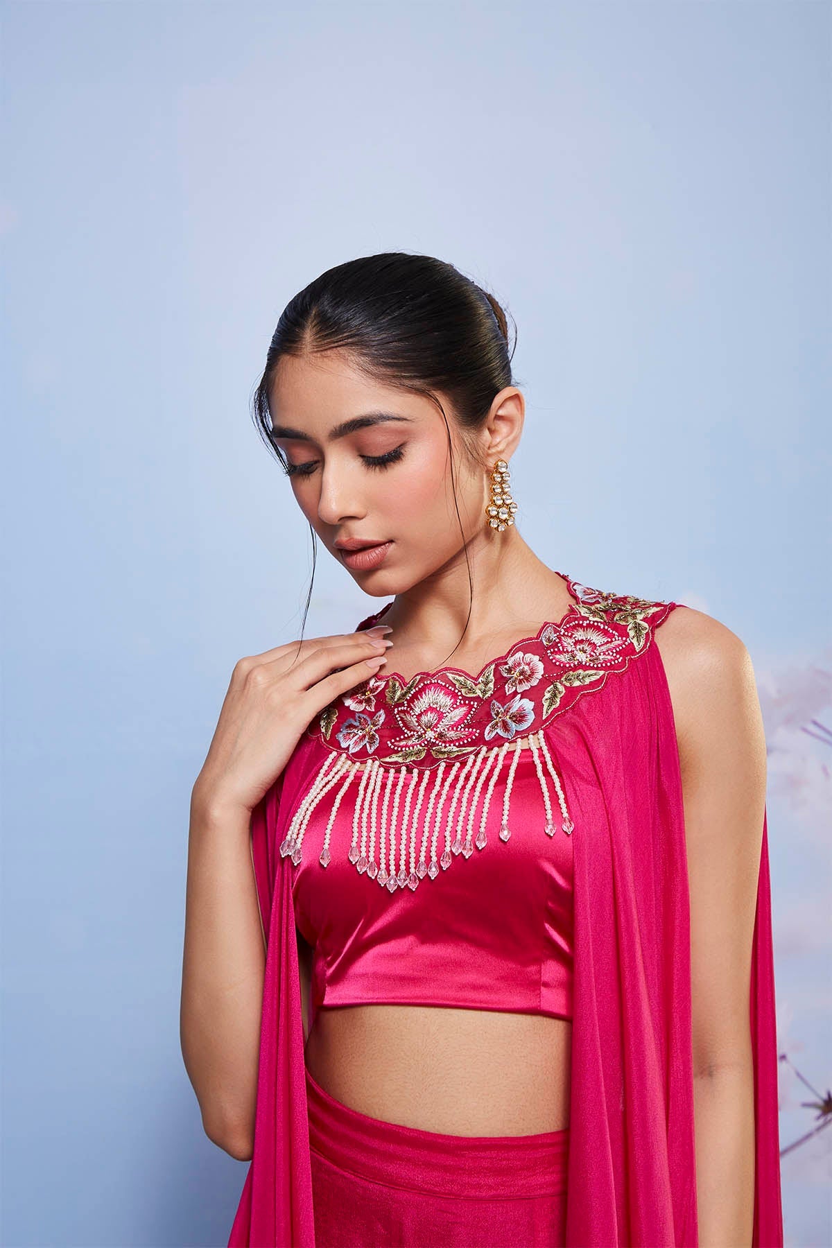 Rani Pink Chiffon Layered Jacket Sharara Set with Embroidery