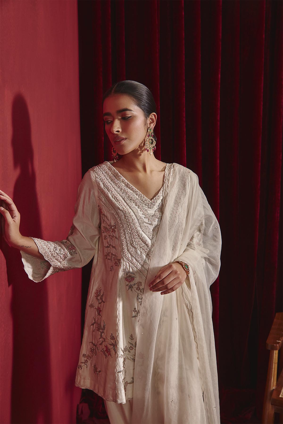 Ivory Embroidered Kurta with Lace Dhoti & Organza Dupatta Set