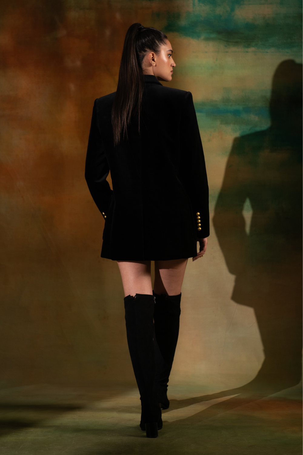 Black Silk Velvet Double Breasted Power Shoulder Jenna Dress
