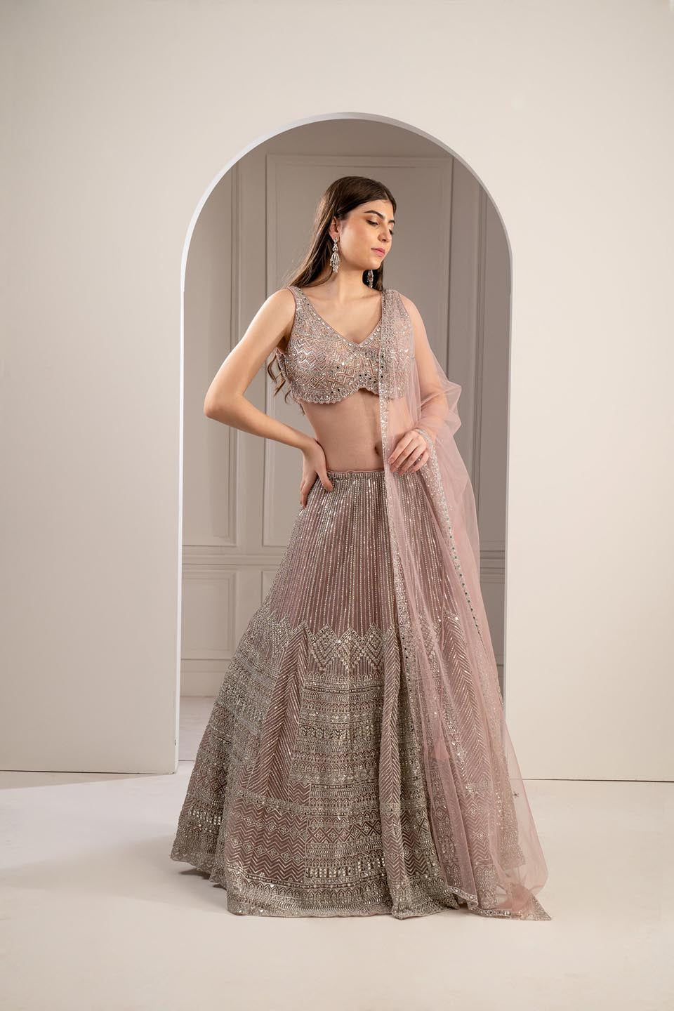 Peach Rose Heavily Embroidered Net Lehenga Set - Auraya Fashion - Riyaasat - #tag1# - #tag2# - #tag3# - #tag3#