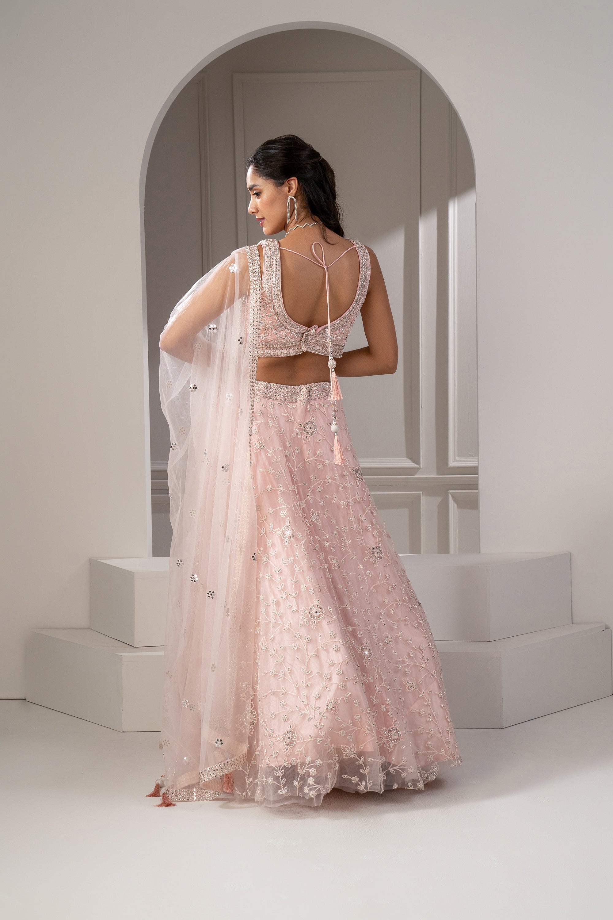 Blush Peach Organza Net Lehenga Set With Mirror, Thread And Sequins Embellishments,