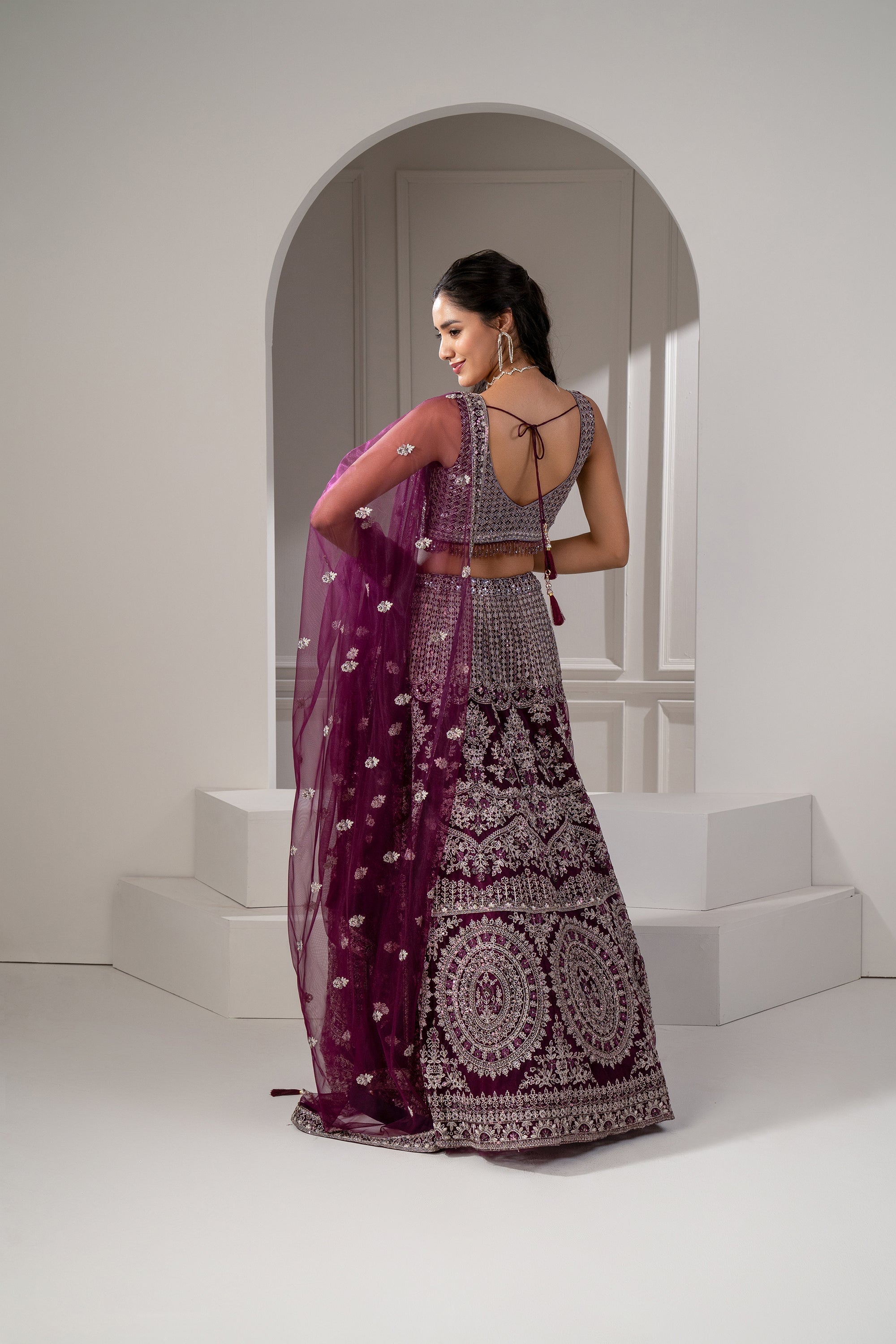 Wine Red Organza Net Sequins, Zari And Thread Embroidered Lehenga Set