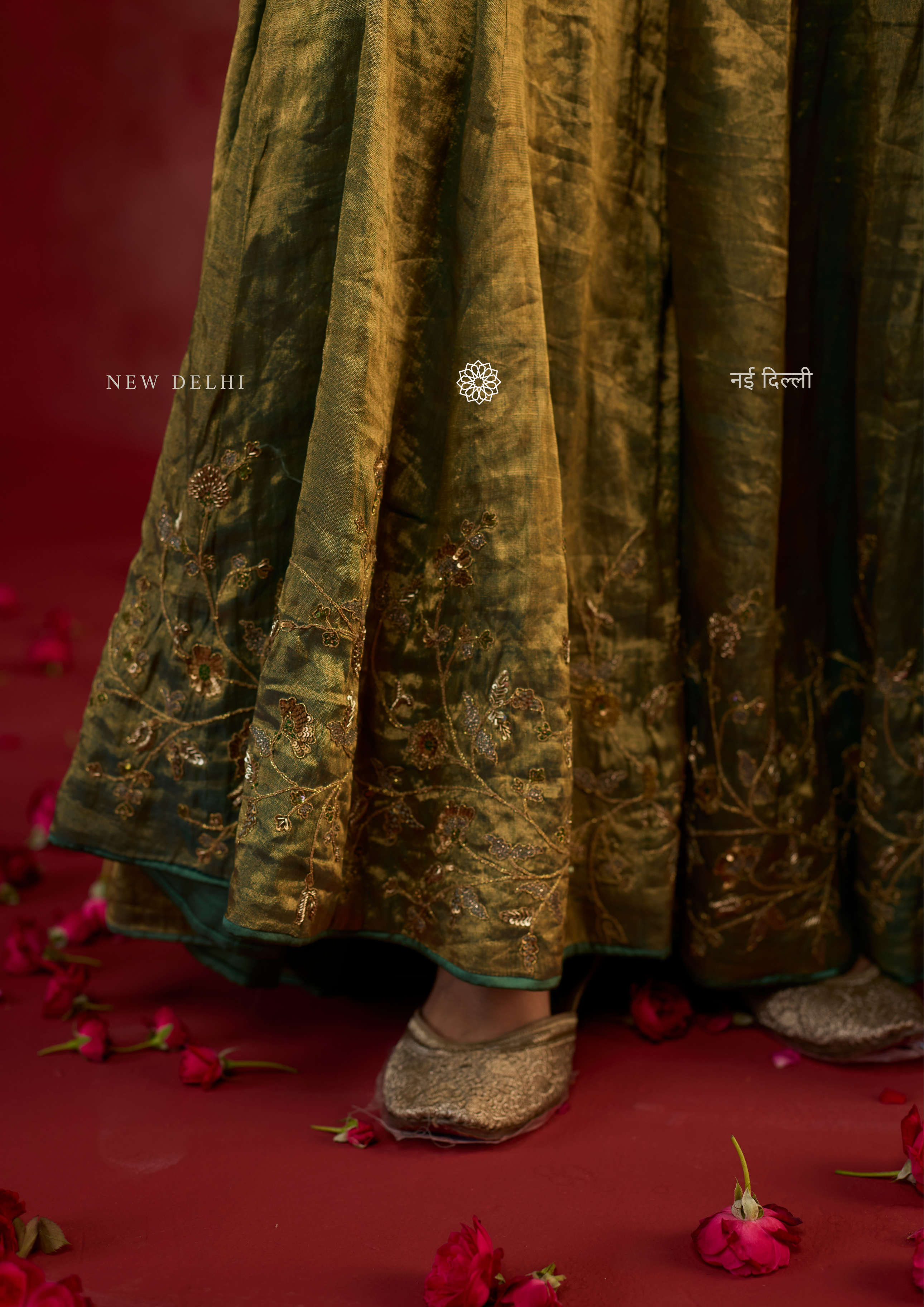 Reisha | Pine Green Tissue Sharara Set with Banarasi Silk Dupatta