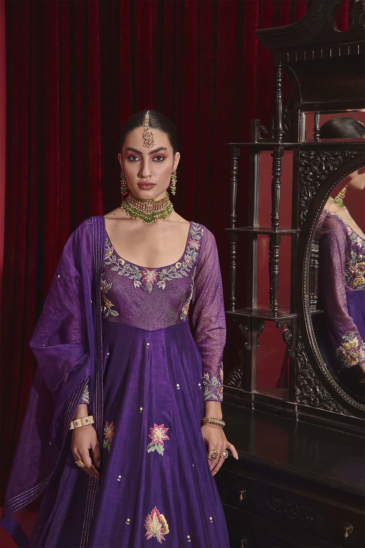 Saloni Purple Embroidered Dupion Silk Anarkali with Organza Dupatta