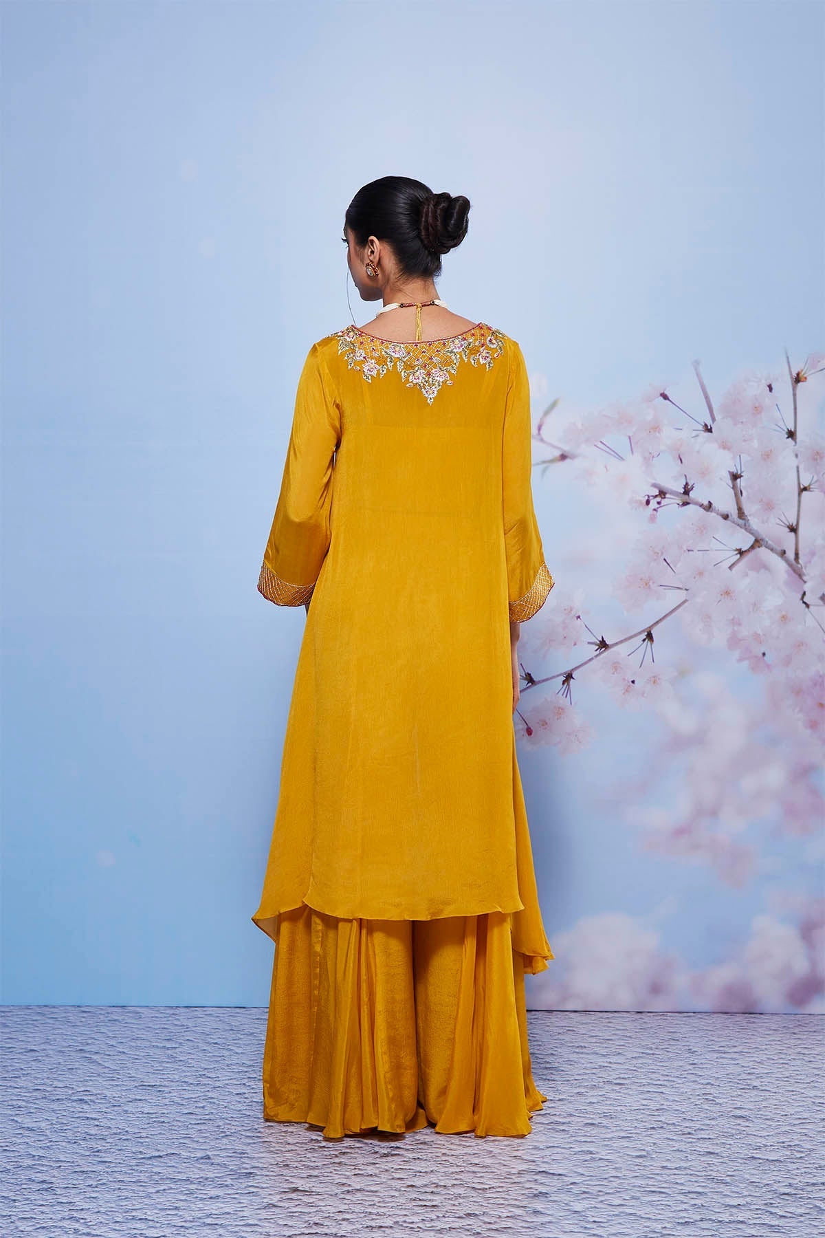 Mustard Chiffon Asymmetrical Kurta Set with Sharara – Chanda
