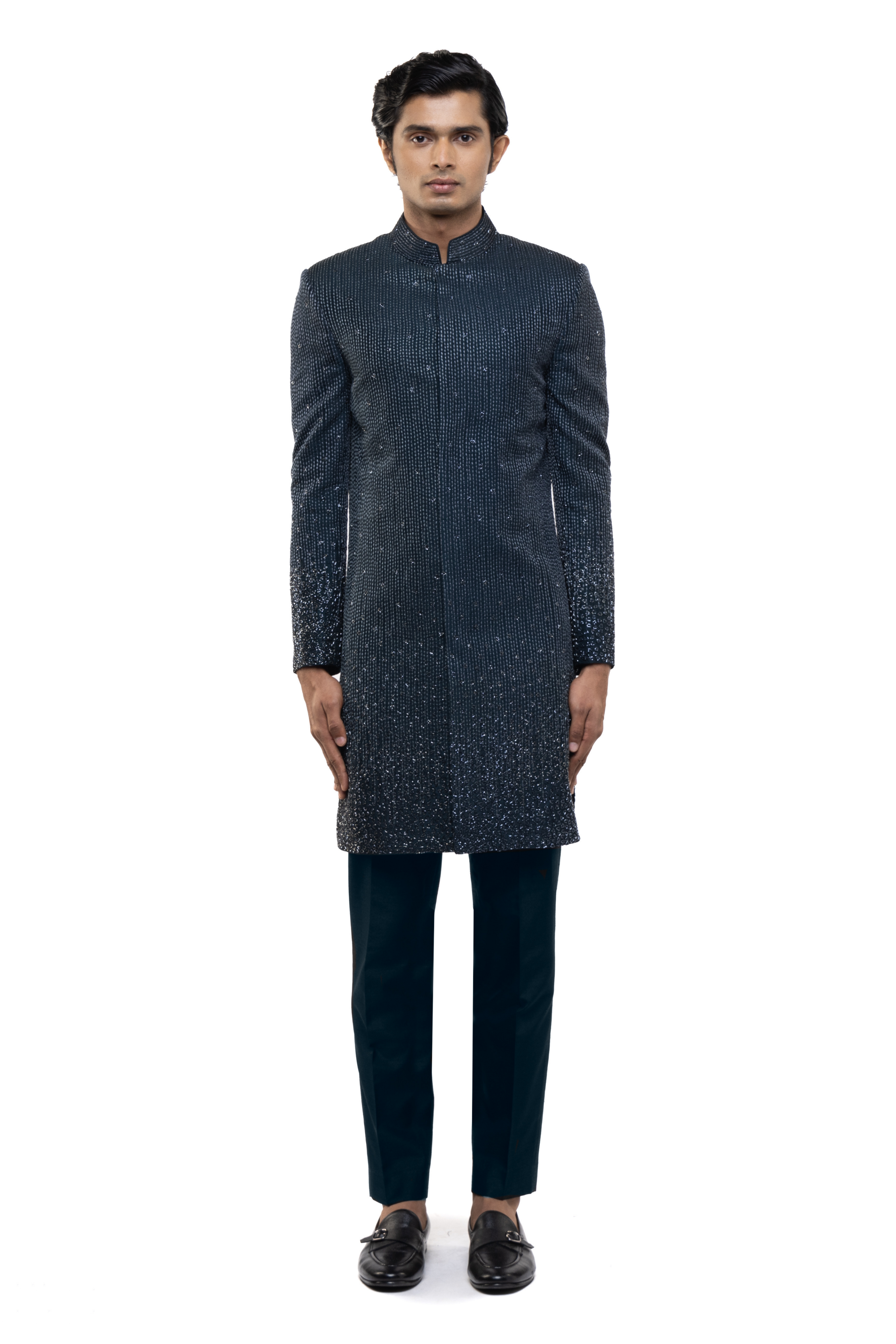 Navy Blue Silk Metallic Stitchline Embroidered Sherwani Set