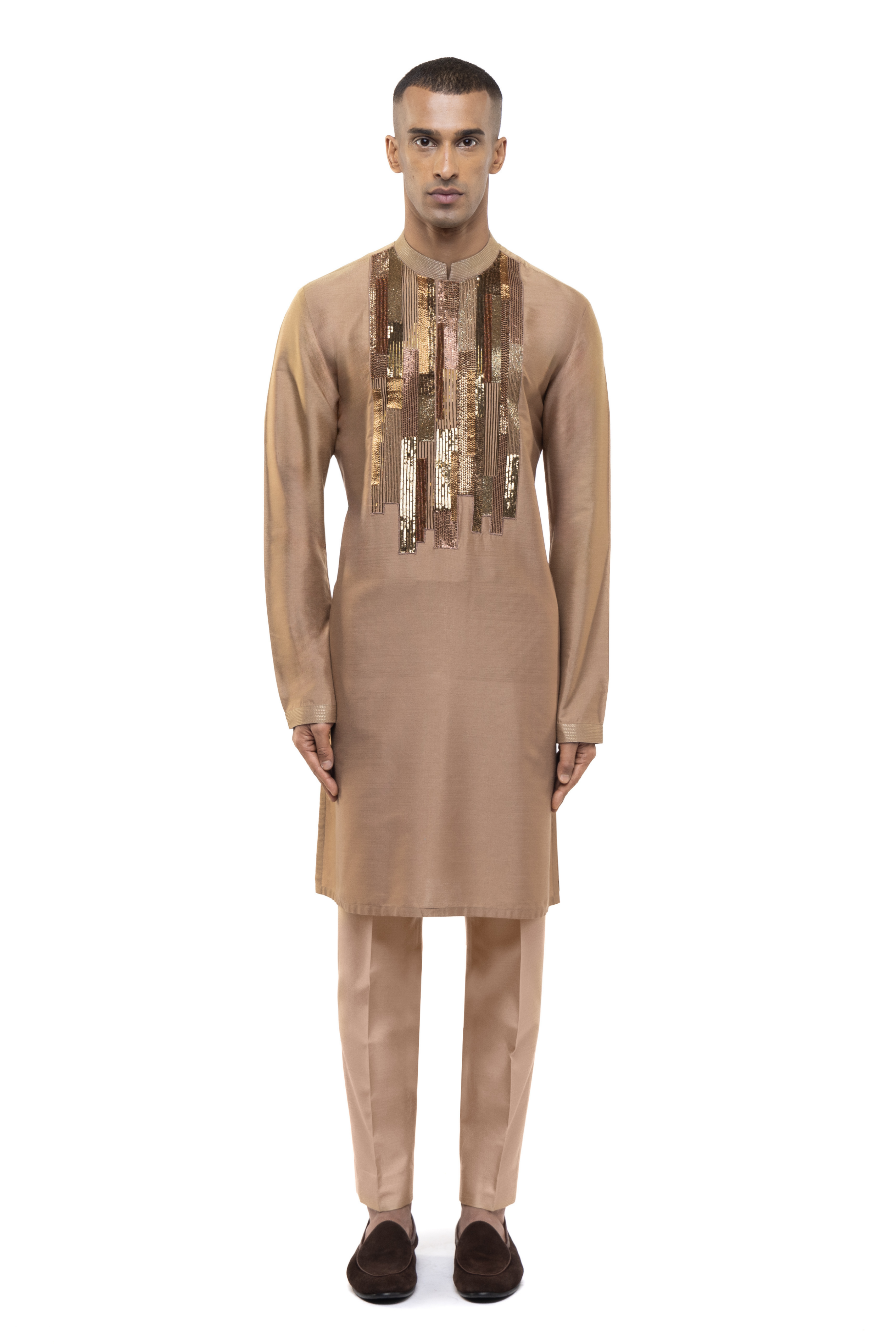 Brown Silk Asymmetrical Geometric Lines Kurta Set