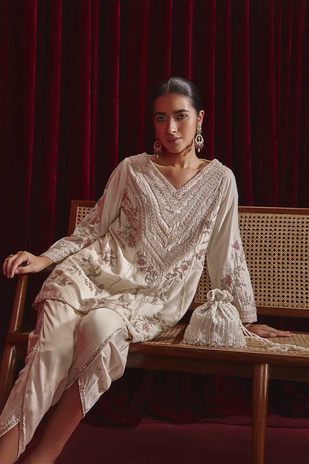 Ivory Embroidered Kurta with Lace Dhoti & Organza Dupatta Set