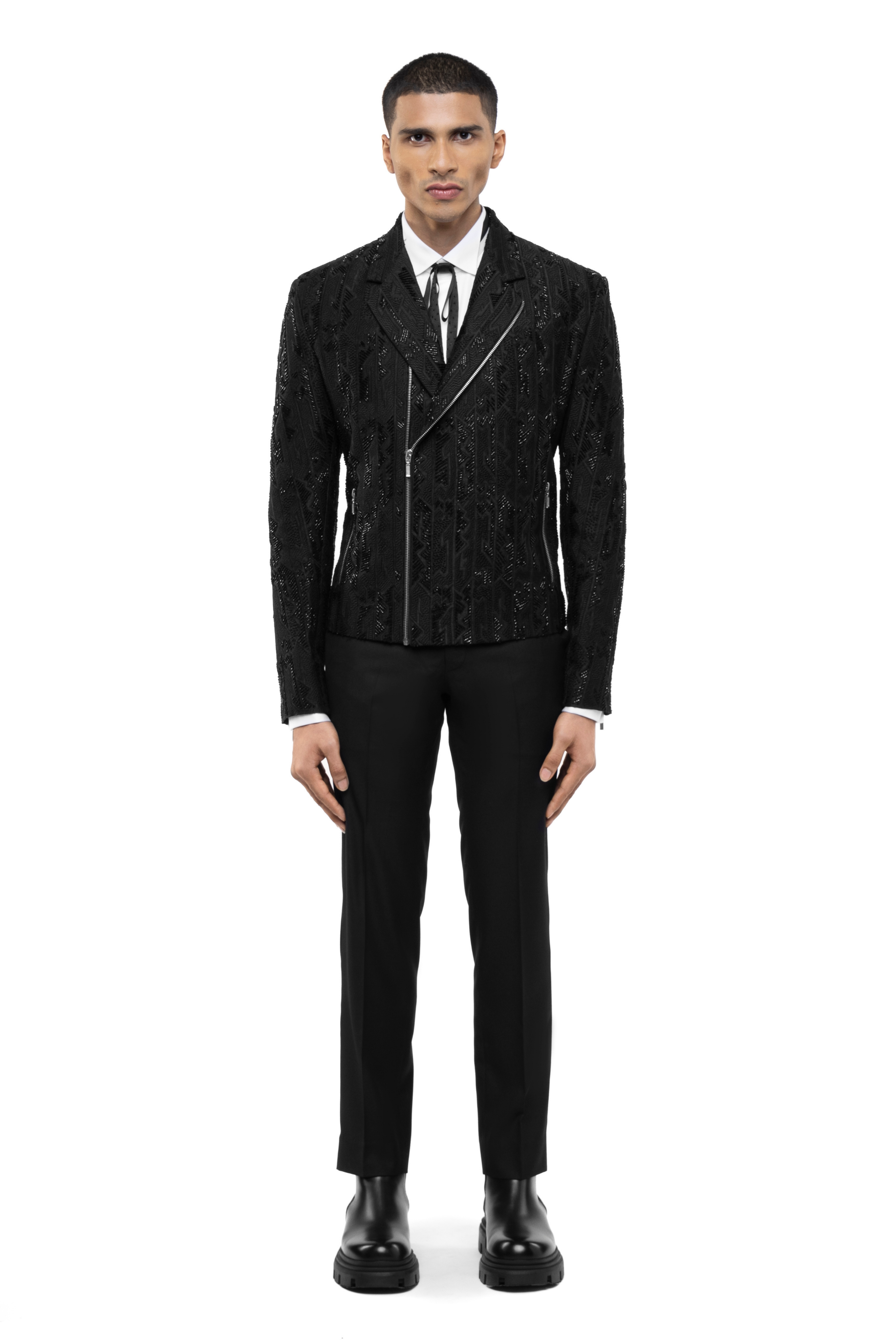 Black Silk Modern Embroidery Biker Jacket