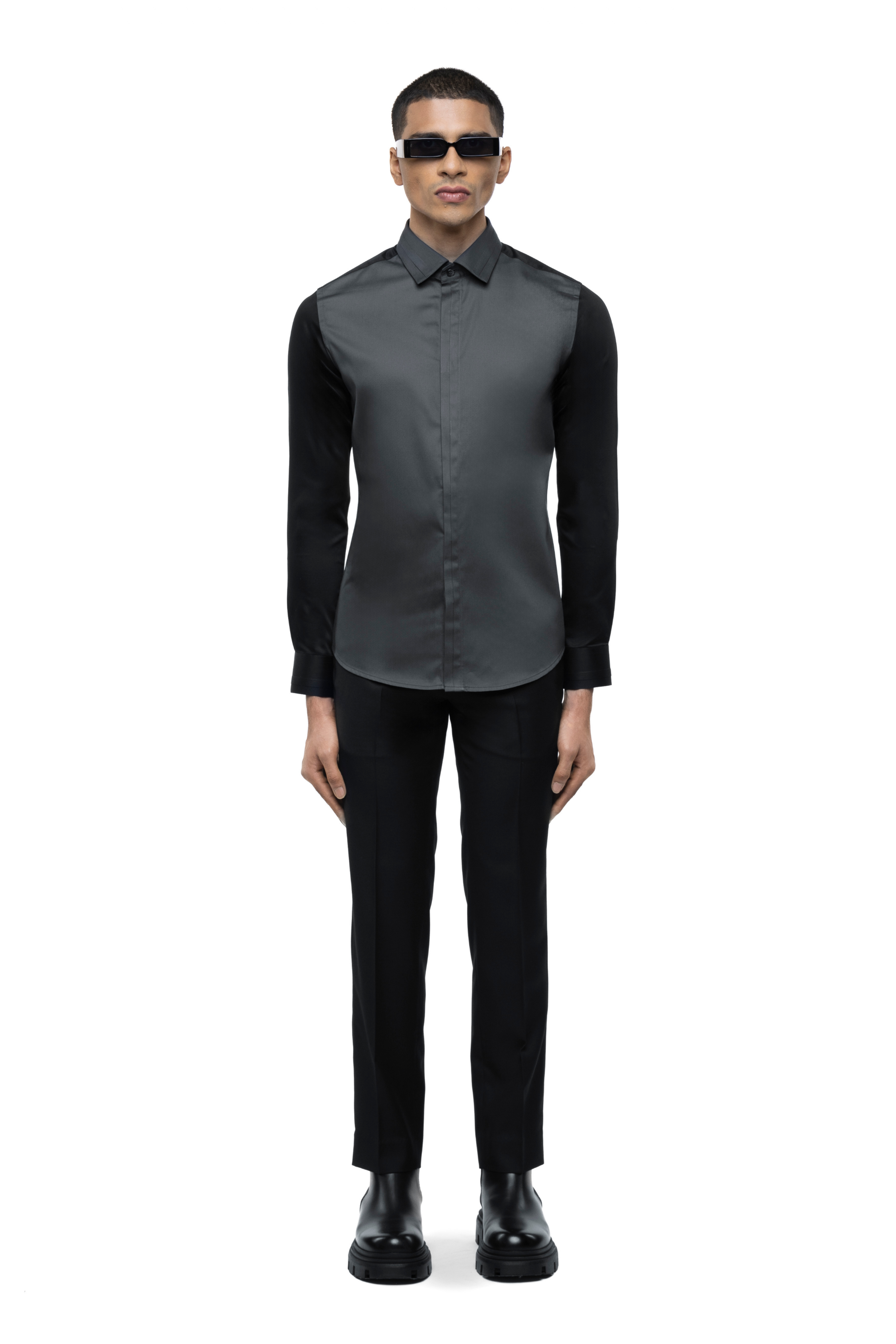 Grey Cotton Shirt with Black Sleeves