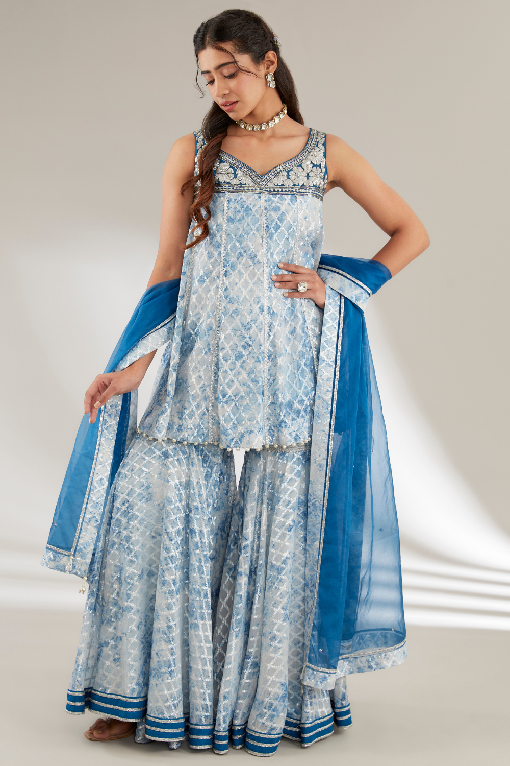 Jiya Blue Organza Garara Set with Nakshi Yoke Embroidery