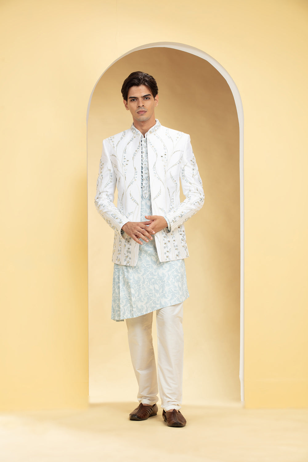 Snow White And Ice Blue Open Jodhpuri Set With Mirror And Resham Work - Auraya Fashion - Riyaasat Men - #tag1# - #tag2# - #tag3# - #tag3#