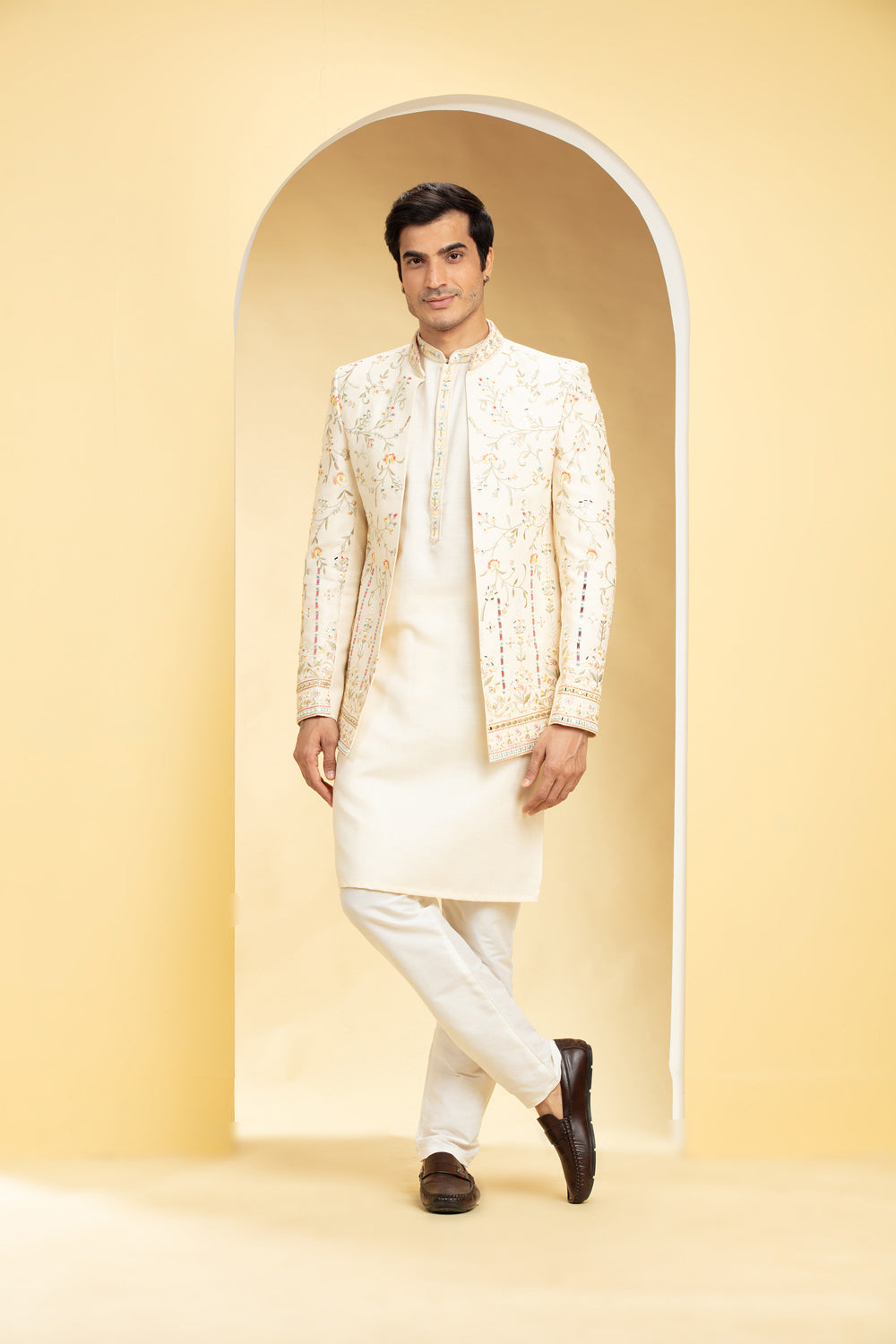 Powder White Lucknowi Open Jodhpuri Set With Mirror Work - Auraya Fashion - Riyaasat Men - #tag1# - #tag2# - #tag3# - #tag3#