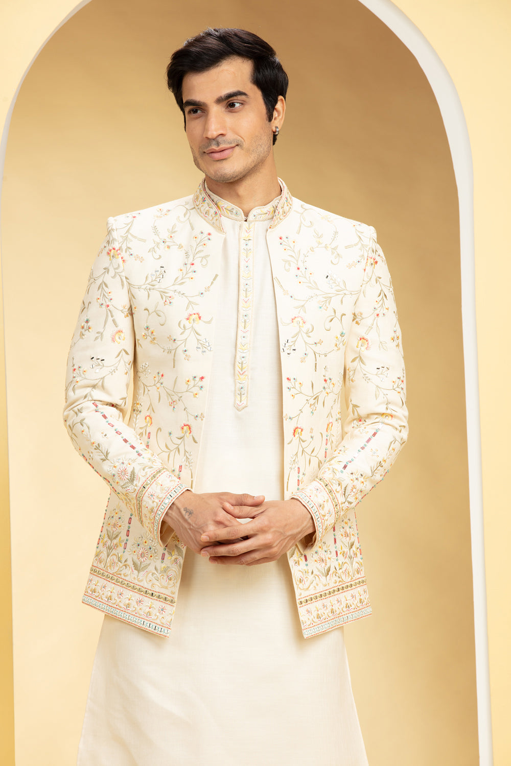 Powder White Lucknowi Open Jodhpuri Set With Mirror Work - Auraya Fashion -  - #tag1# - #tag2# - #tag3# - #tag3#