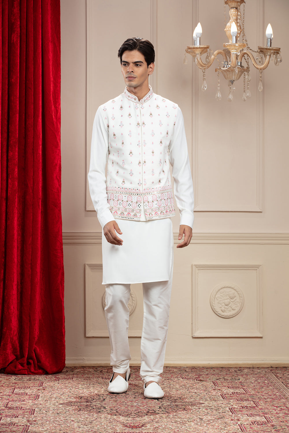 Eggshell White Kurta Jacket Set Jacket Set Set With Mirror And Resham Embroidery