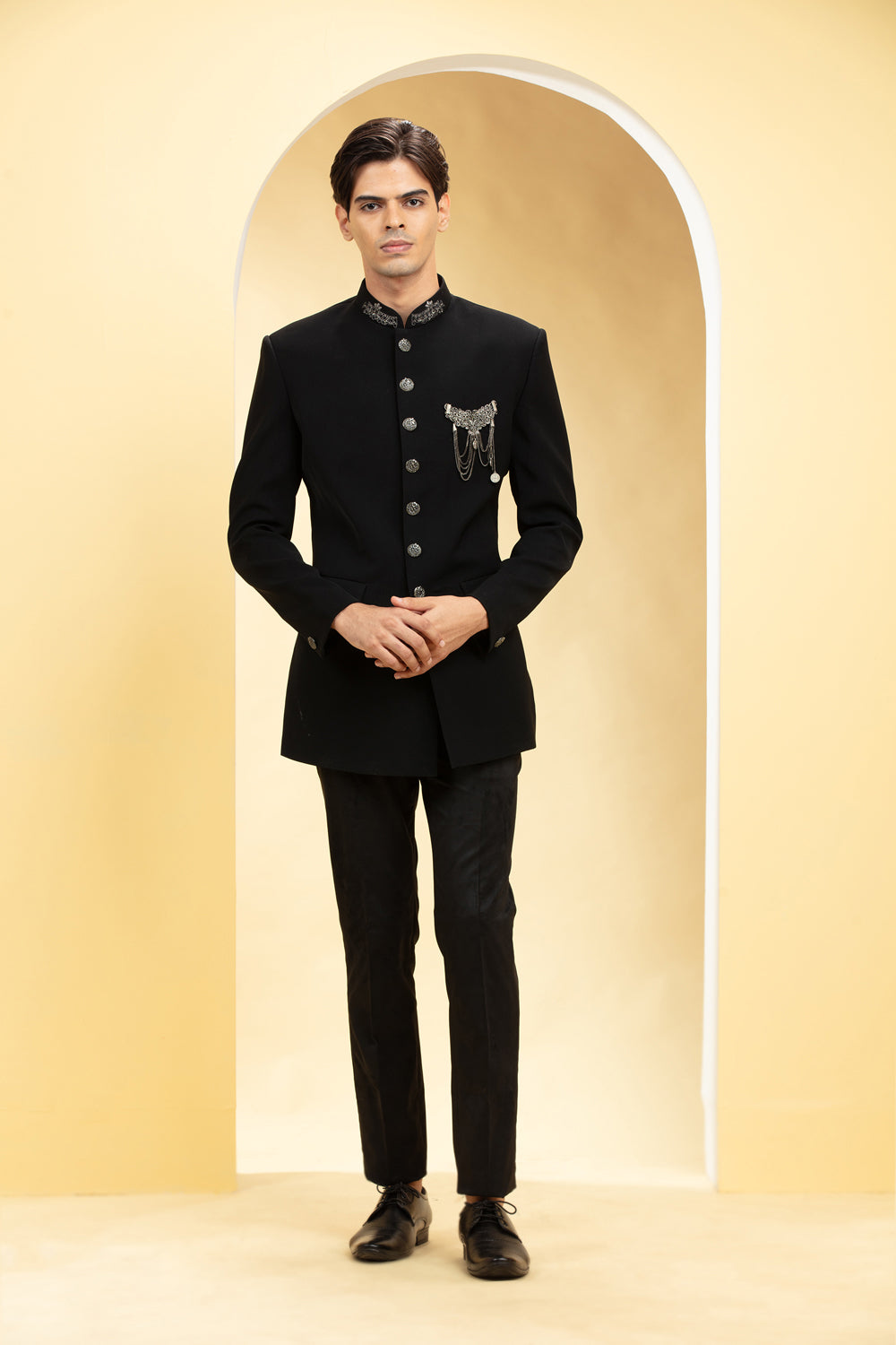 Jet Black Suede Tuxedo Set With Self Cutdana Work And Brooch - Auraya Fashion - Riyaasat Men - #tag1# - #tag2# - #tag3# - #tag3#