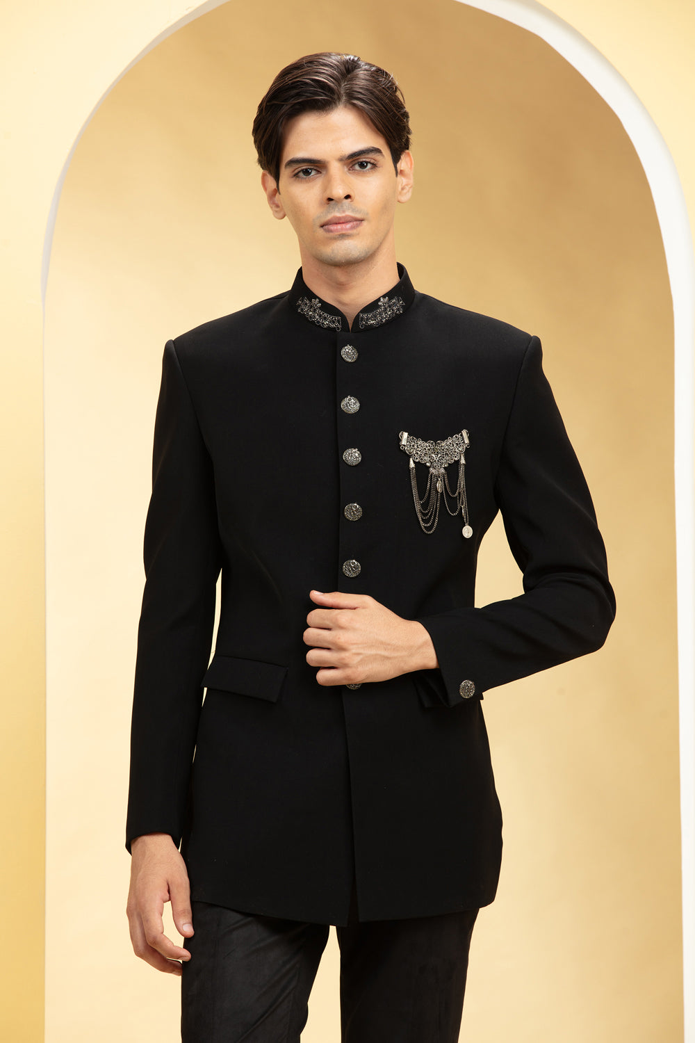 Jet Black Suede Tuxedo Set With Self Cutdana Work And Brooch - Auraya Fashion -  - #tag1# - #tag2# - #tag3# - #tag3#