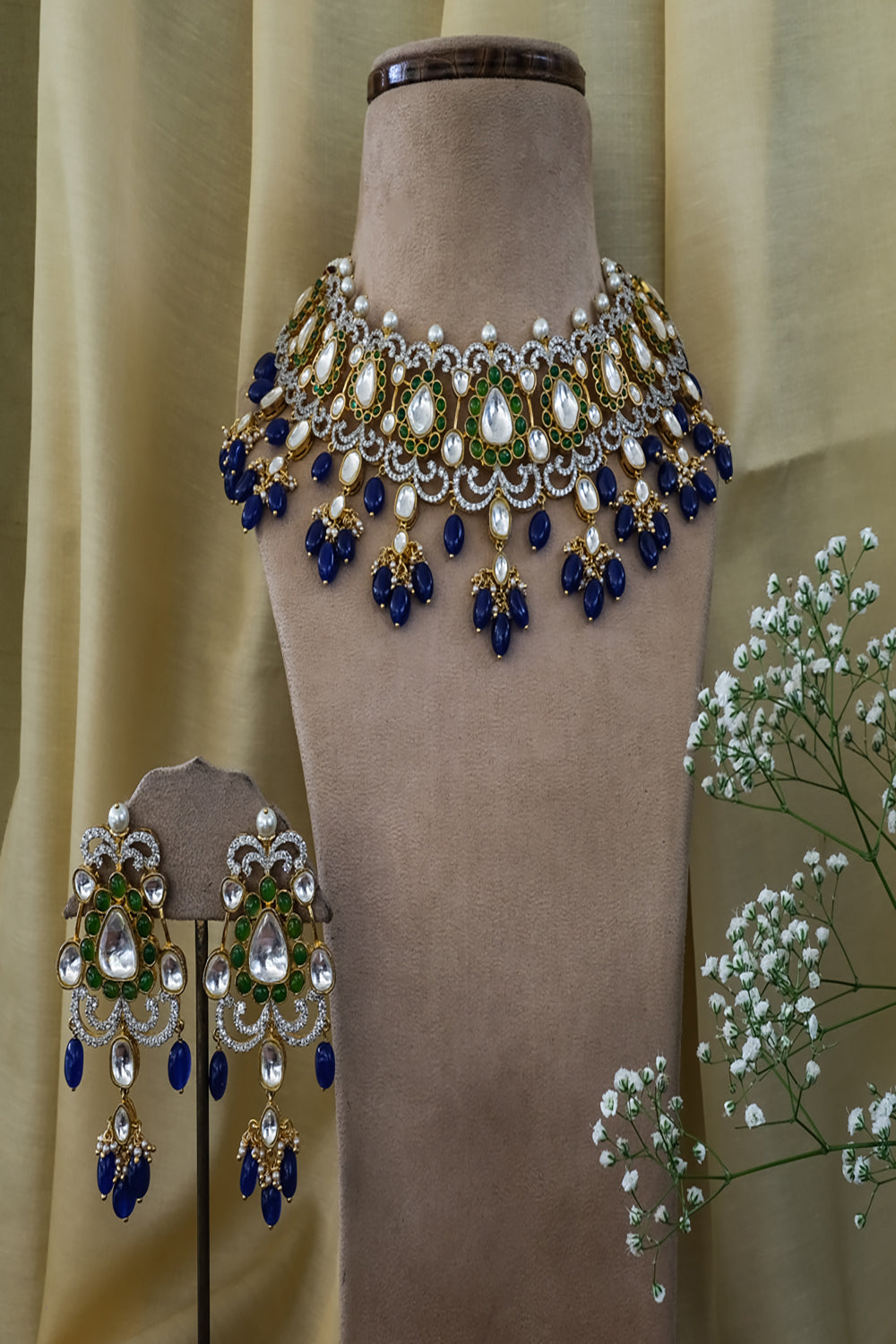 Bougainvillea Kundan Necklace Set With Green And Blue Beads - Auraya Fashion - Studio6 Jewels - #tag1# - #tag2# - #tag3# - #tag3#