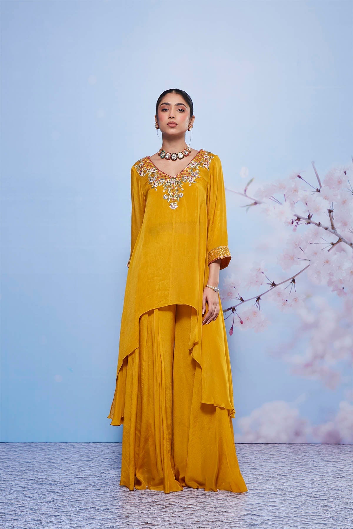 Mustard Chiffon Asymmetrical Kurta Set with Sharara – Chanda