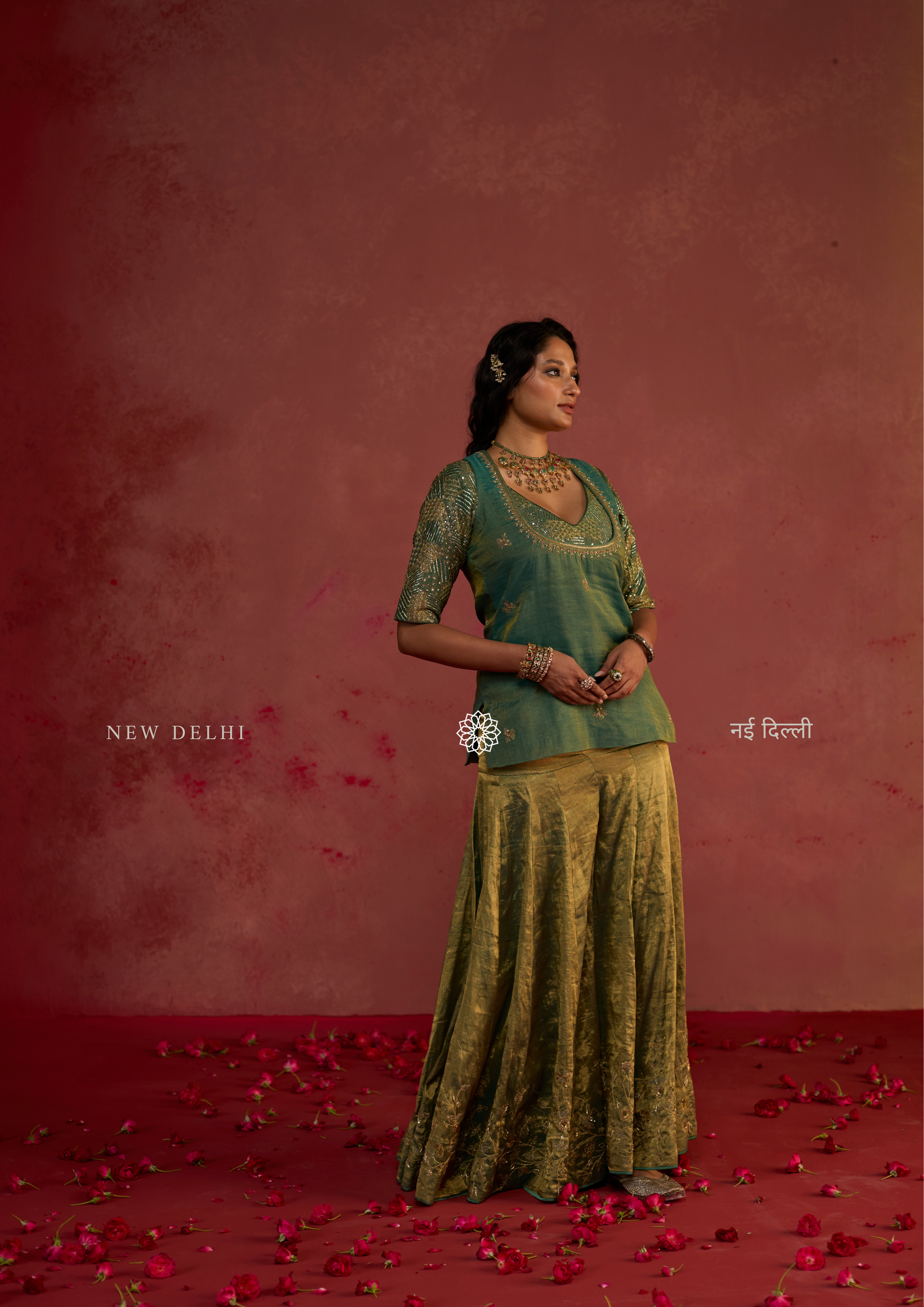Reisha | Pine Green Tissue Sharara Set with Banarasi Silk Dupatta