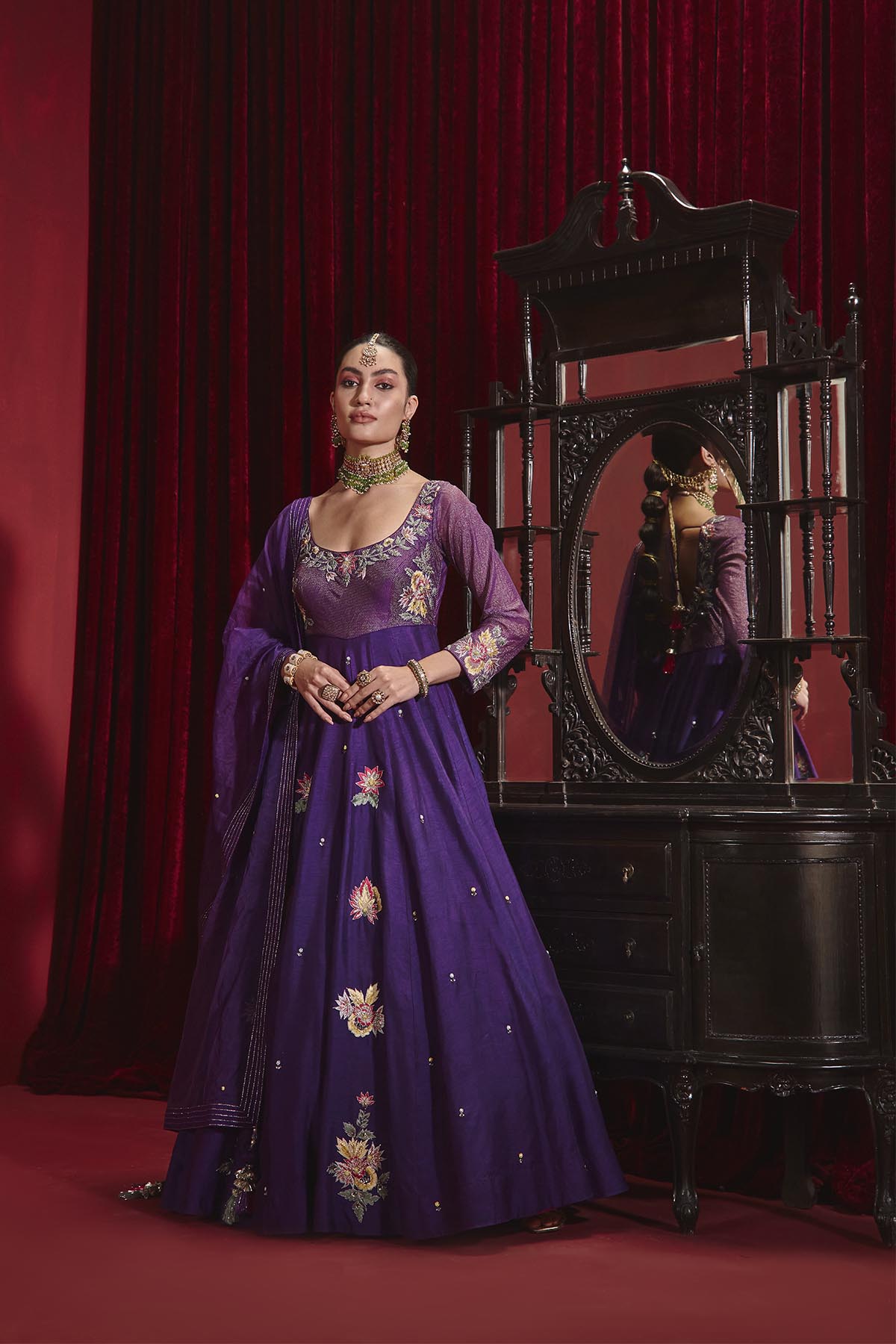Saloni Purple Embroidered Dupion Silk Anarkali with Organza Dupatta