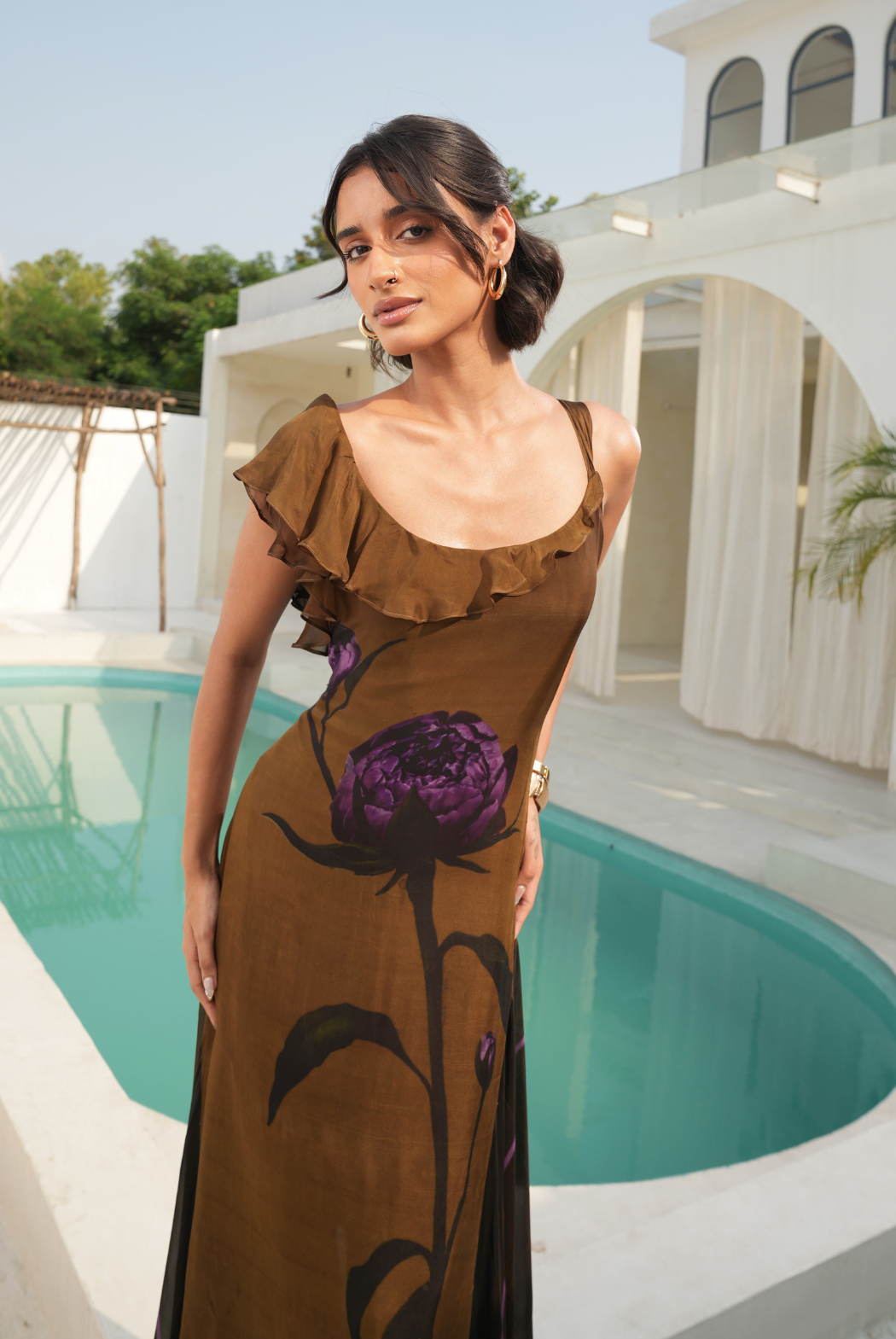 Elegant Olive Drab Slim Fit Ruffle Dress in Soft Flat Chiffon