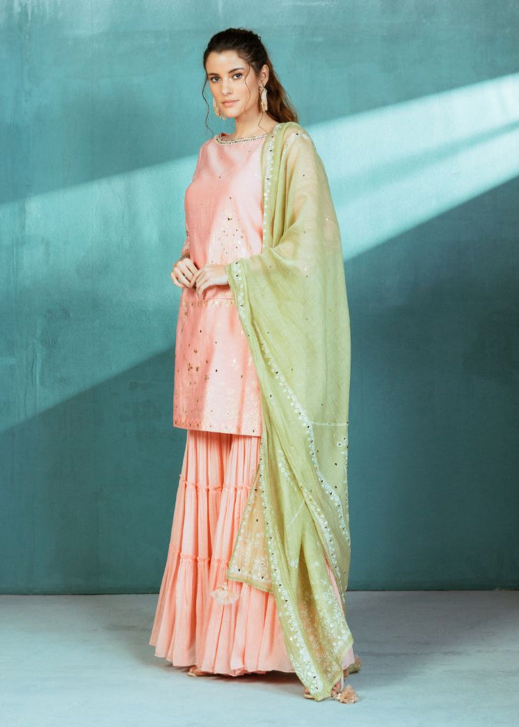Peach Chanderi Kurta Sharara Set