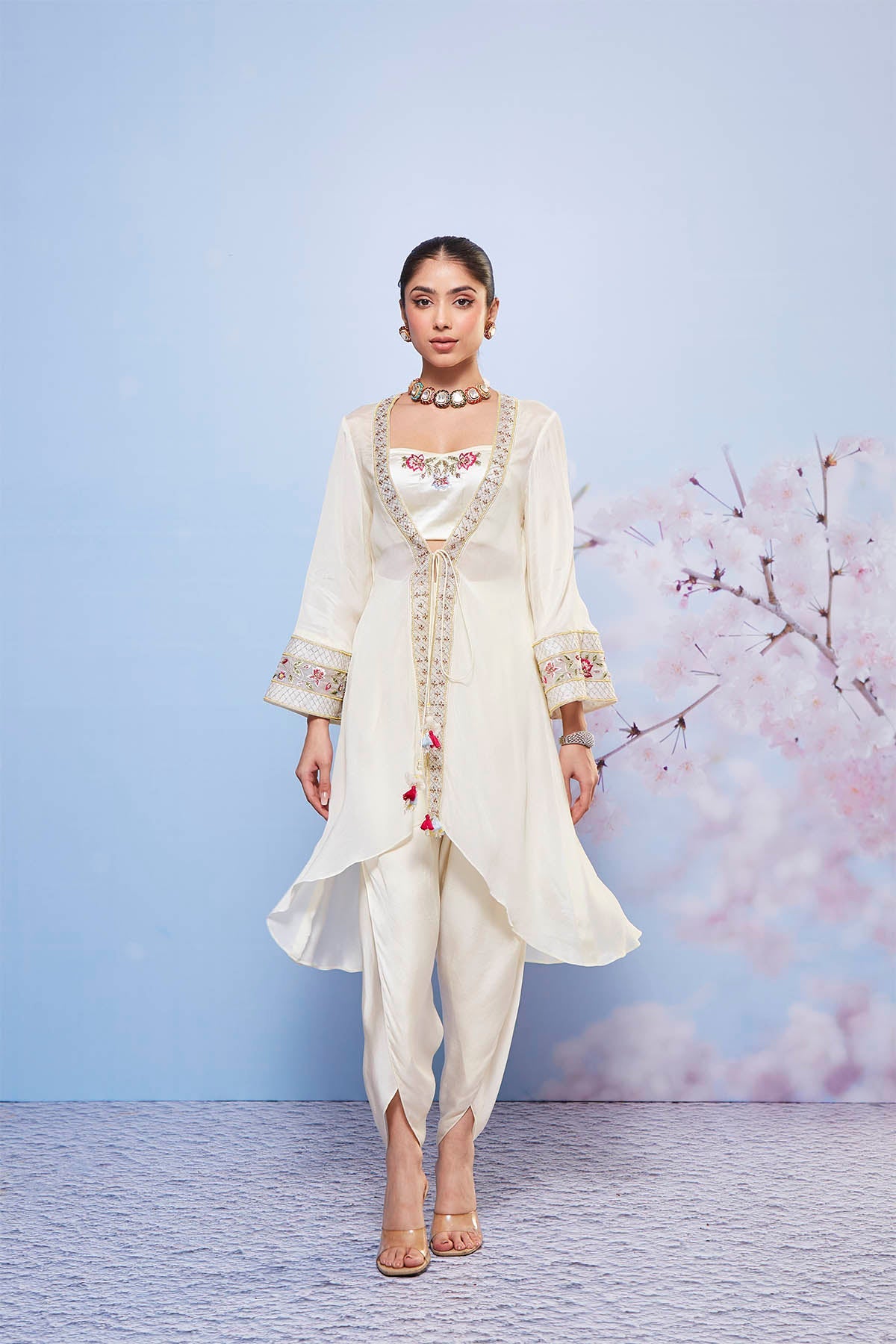 Ivory Chiffon Embroidered Jacket with Bustier & Dhoti Set - Naniya
