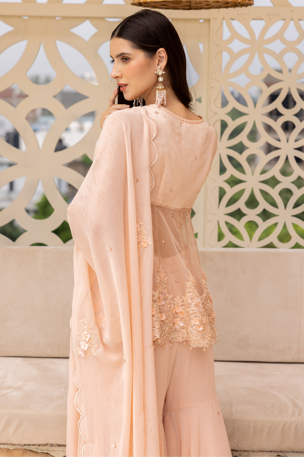 Soorat Peach Peplum Short Kurta with Flared Sharara Set